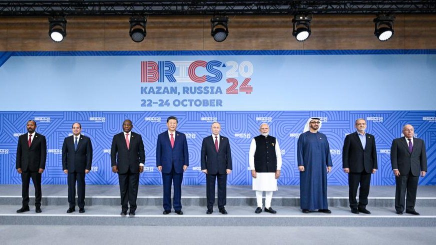 Leaders of BRICS countries pose for a group photo during the 16th BRICS Summit in Kazan, Russia, October 23, 2024. /Xinhua