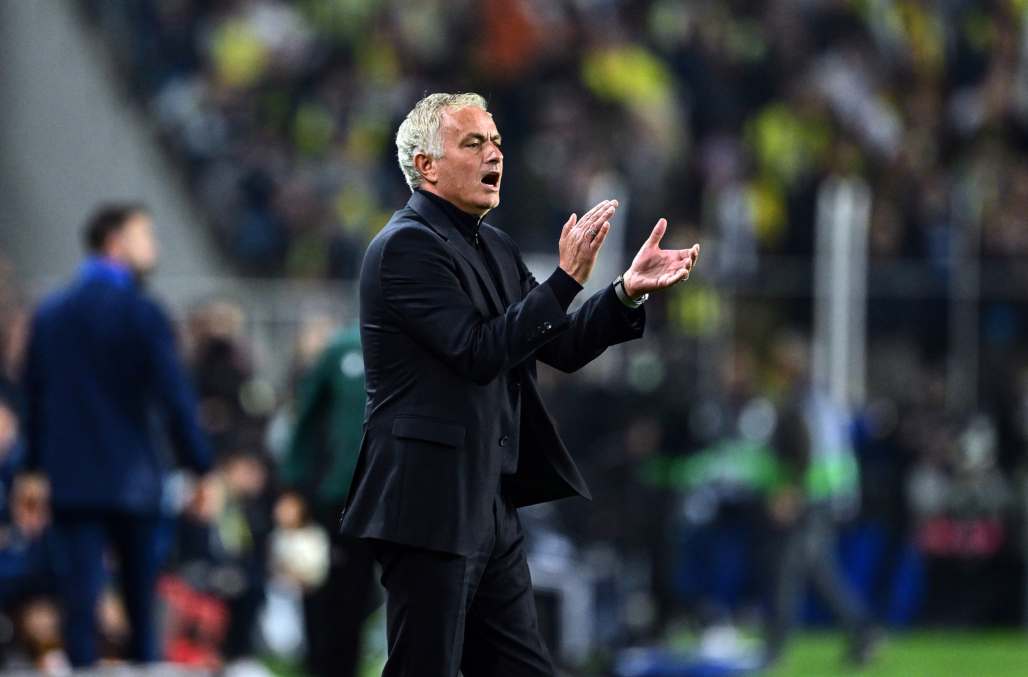 Jose Mourinho, coach of Fenerbache, makes a gesture during the UEFA Europa League game against Manchester United at Ulker Stadium in Istanbul, Türkiye, October 24, 2024. /CFP