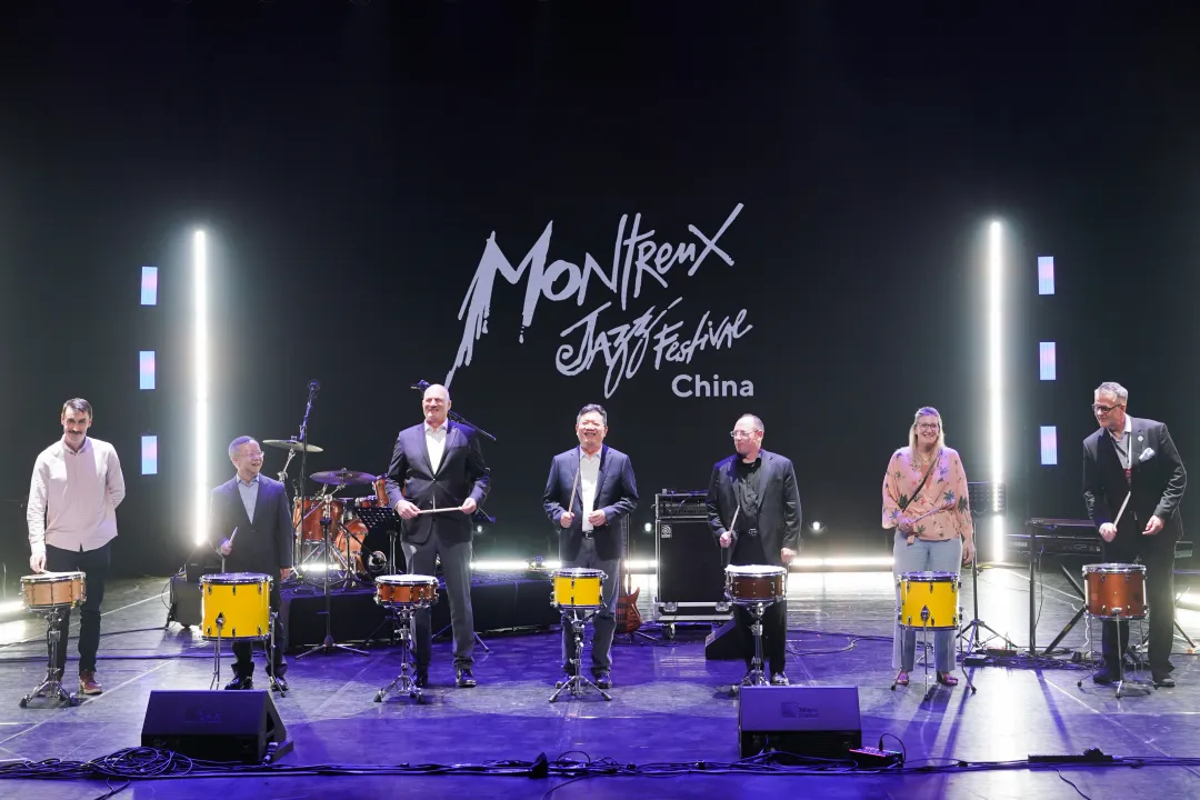 Jürg Burri (3rd from left), the Swiss Ambassador to China, and other officials from both China and Switzerland, attend the opening ceremony of the Montreux Jazz Festival China in Suzhou, Jiangsu Province, on October 25, 2024. [Photo provided to CGTN]