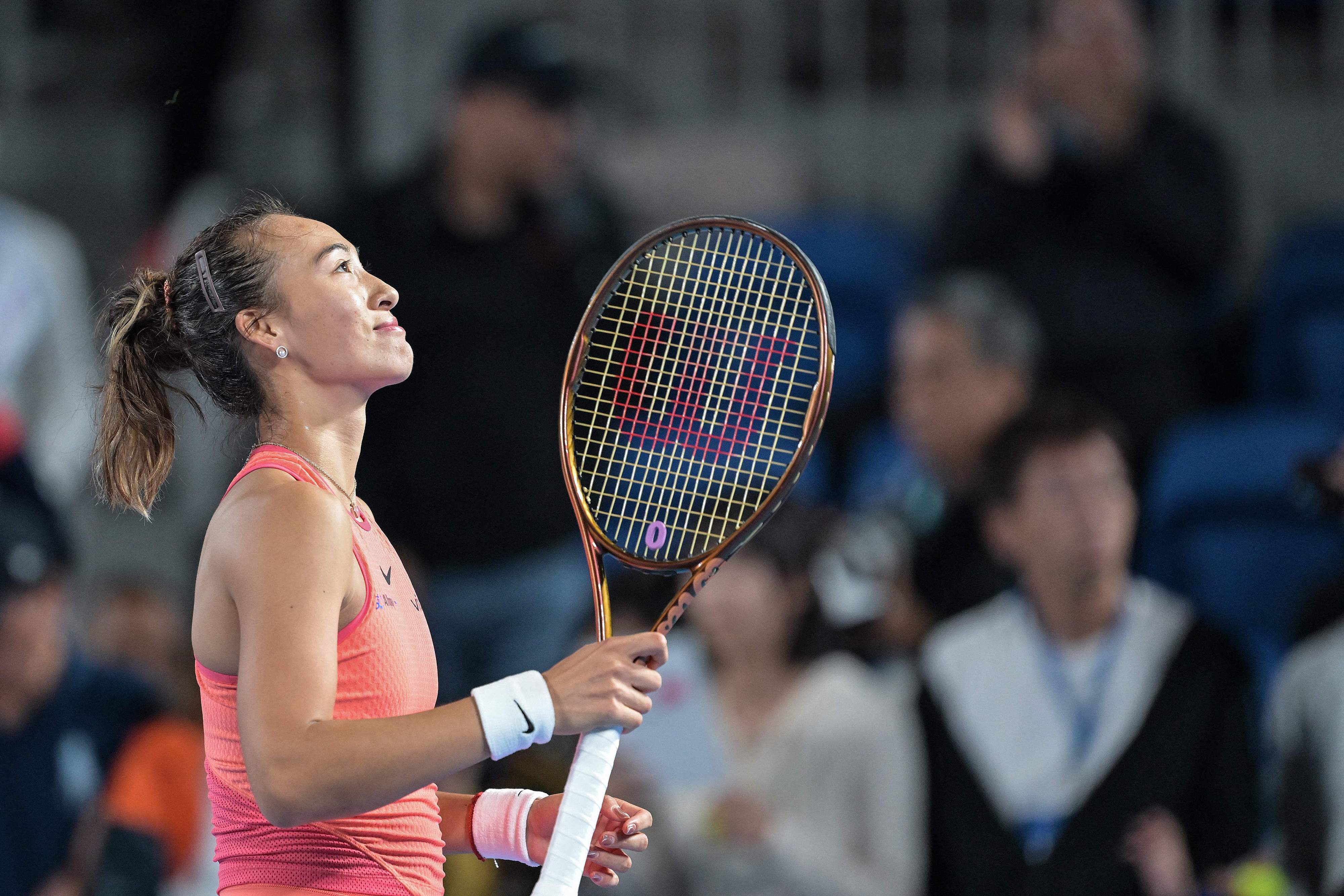 China's Zheng Qinwen celebrates her victory over Leylah Fernandez of Canada in their women's singles quarter-final match on day five of the Pan Pacific Open tennis tournament in Tokyo on October 25, 2024. / CFP