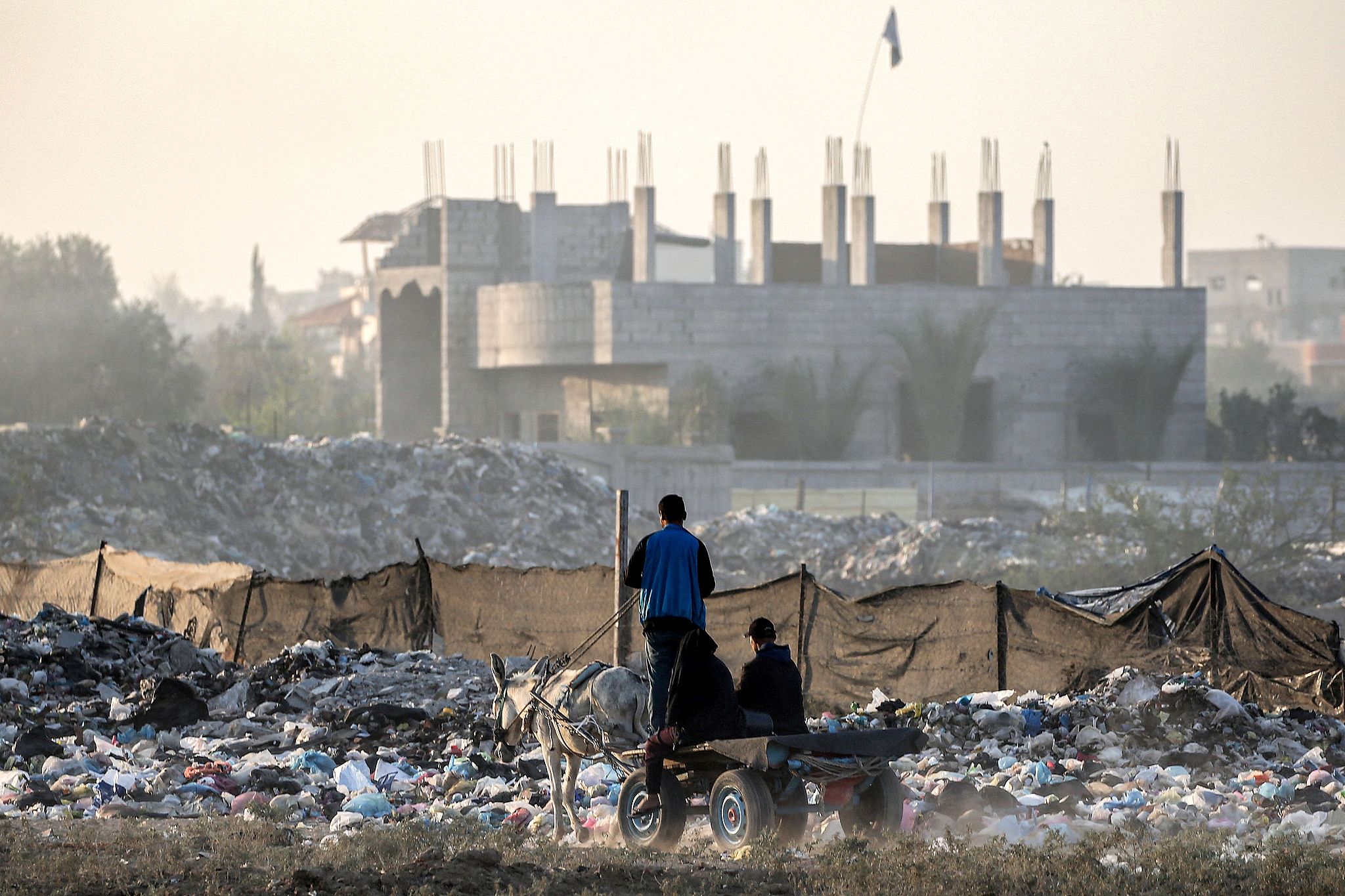 A man drives a donkey-drawn cart past a garbage dump in Deir el-Balah in the centre of the Gaza Strip on October 22, 2024. /CFP