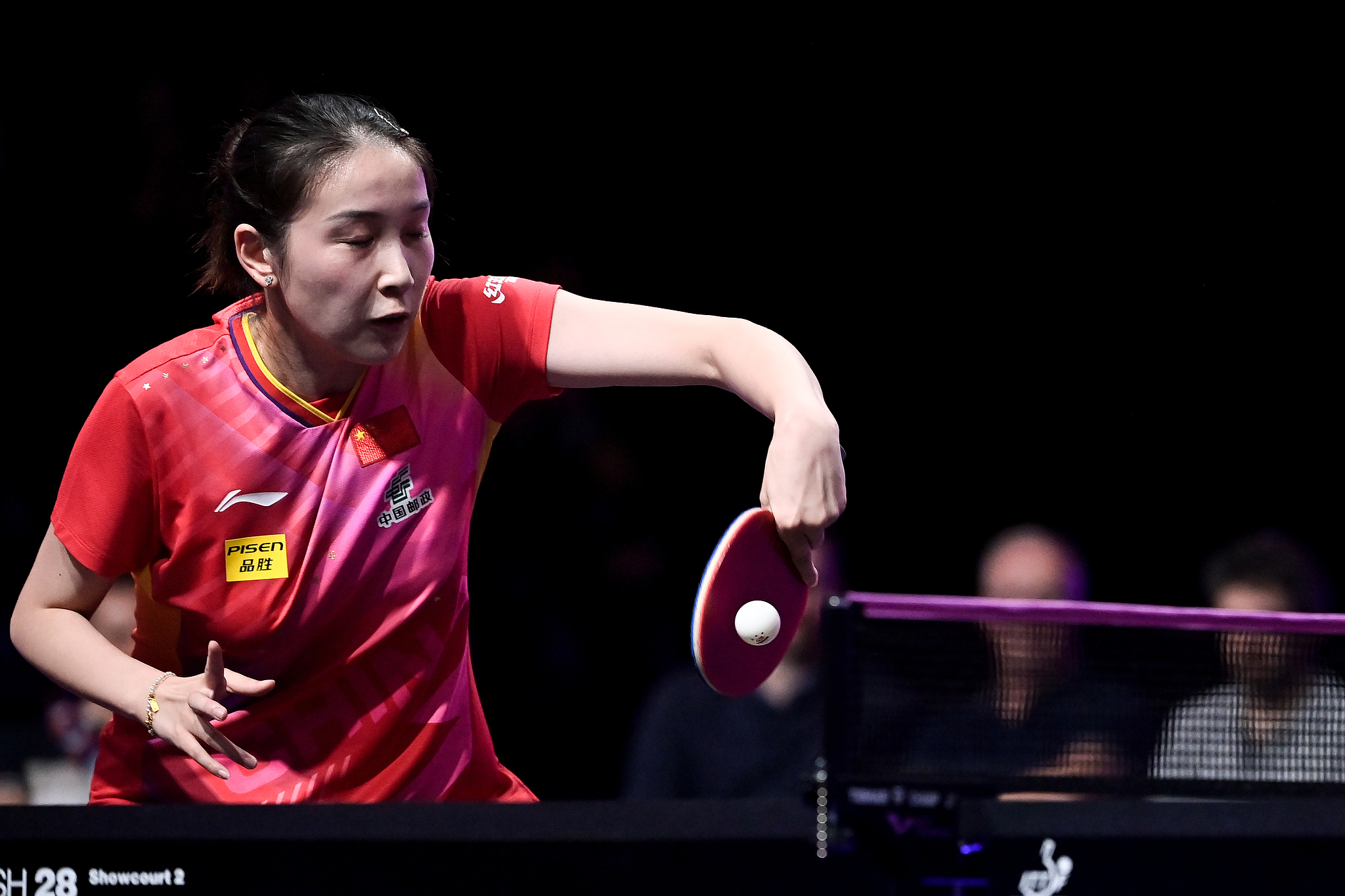 Qian Tianyi of China hits a shot in the women's singles match against Manika Batra of India at the World Table Tennis (WTT) Champions Montpellier in Montpellier, France, October 26, 2024. /CFP