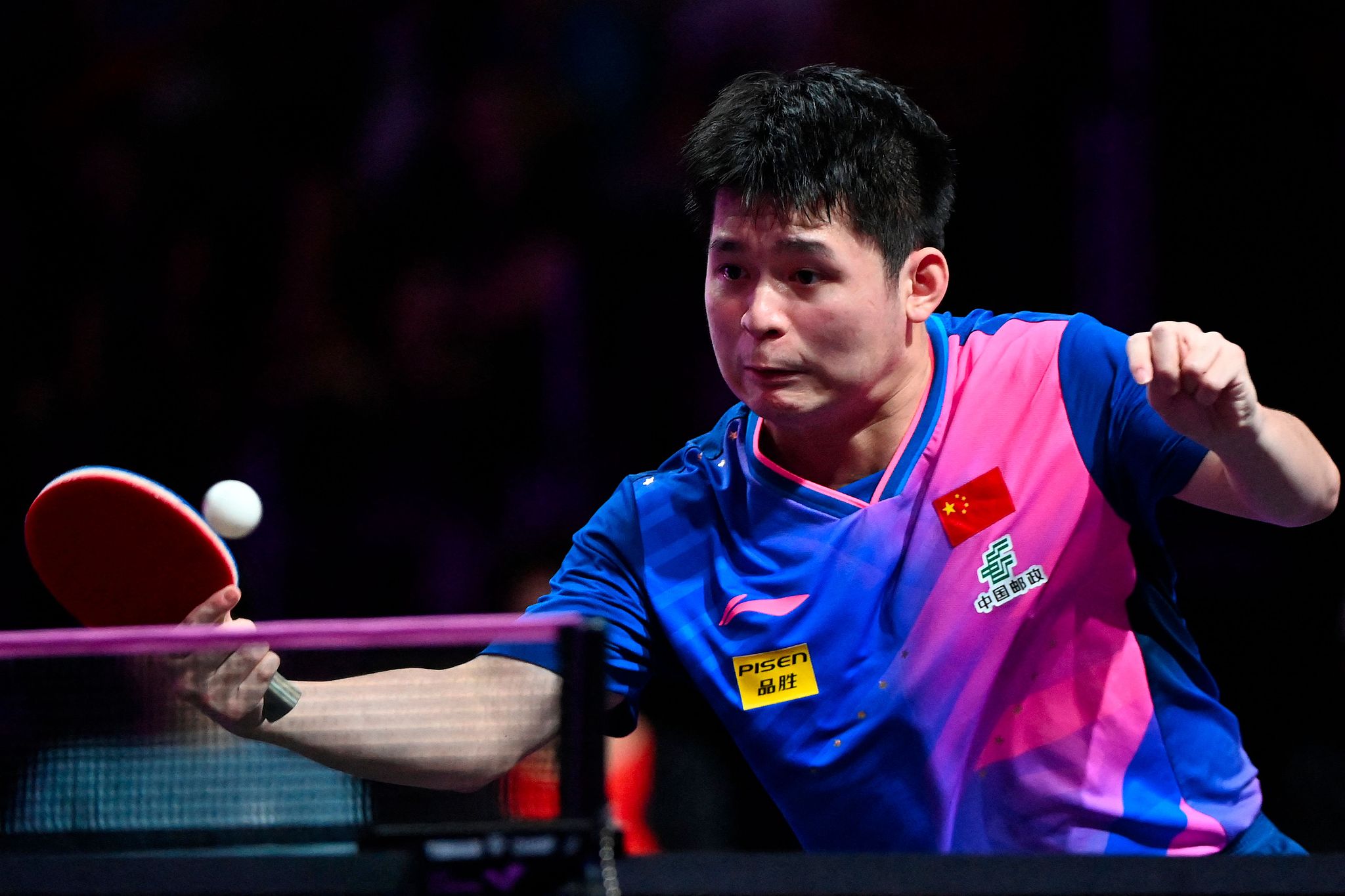 Lin Shidong of China hits a shot in the men's singles match against Lin Yun-Ju of Chinese Taipei at the World Table Tennis (WTT) Champions Montpellier in France, October 26, 2024. /CFP