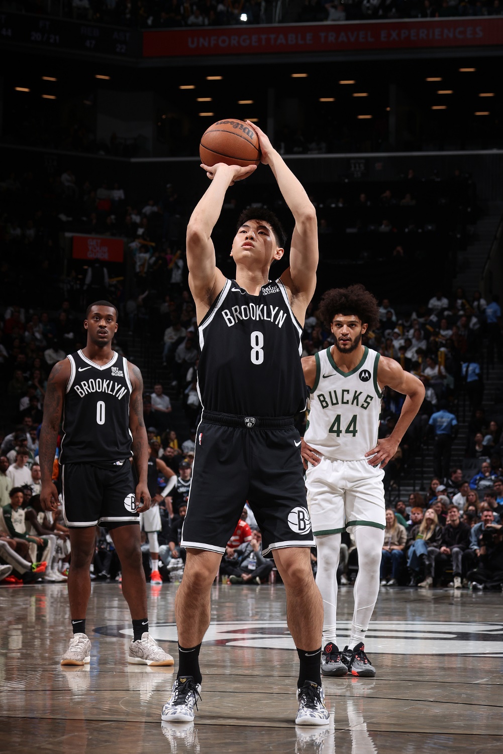 Cui Yongxi of the Brooklyn Nets shoots a free throw during the NBA game against the Milwaukee Bucks at Barclays Center in New York, U.S., October 27, 2024. /CFP