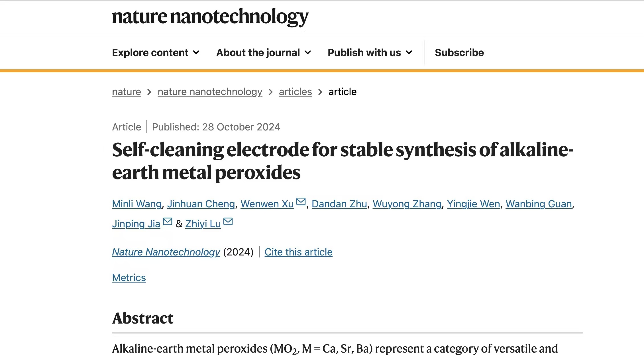 A screenshot of a section of the research article published on the Nature Nanotechnology website, October 28, 2024. /CGTN