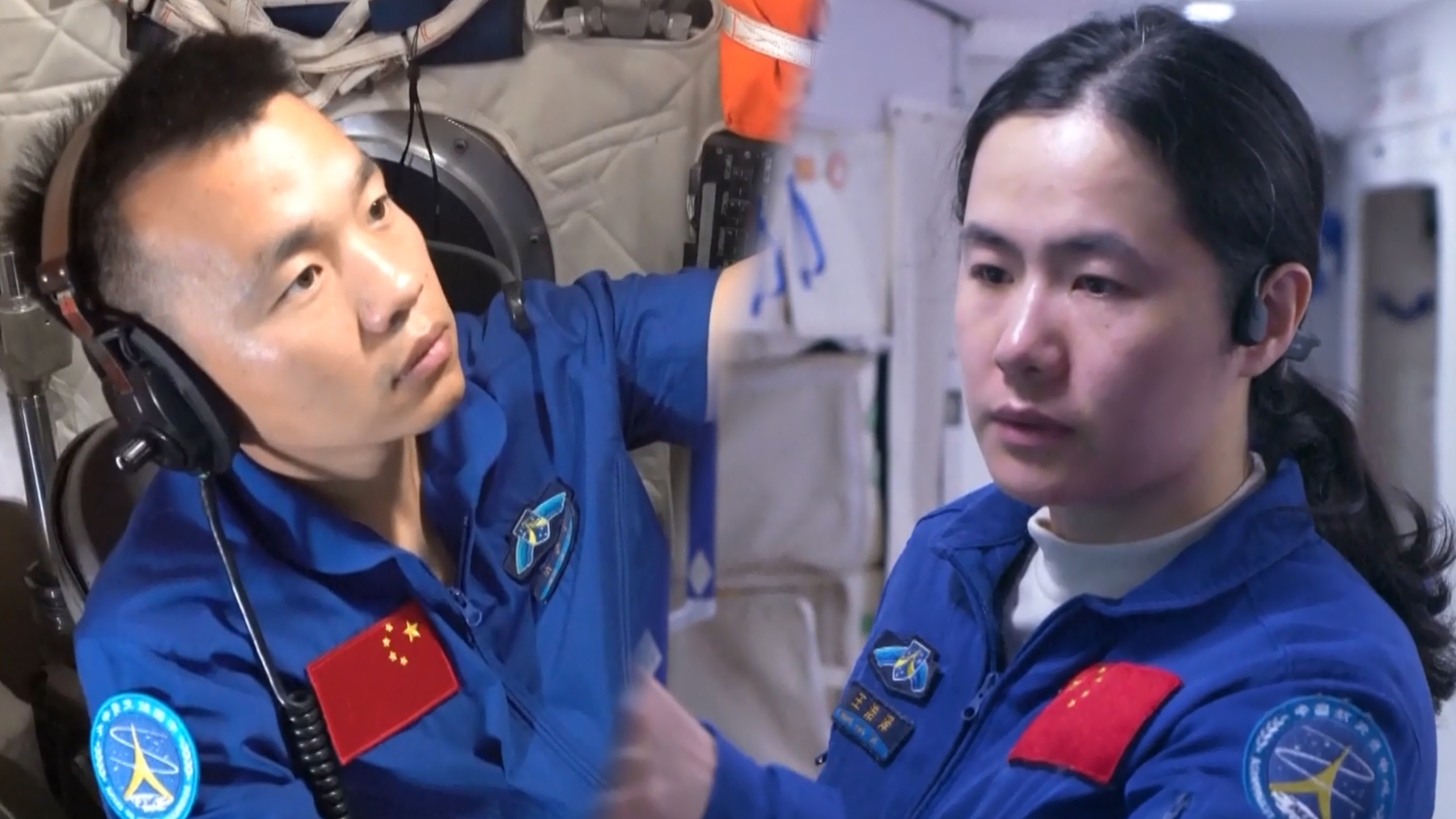 A screenshot from a CMG video shows Shenzhou-19 astronauts Song Lingdong (L) and Wang Haoze (R) during training.