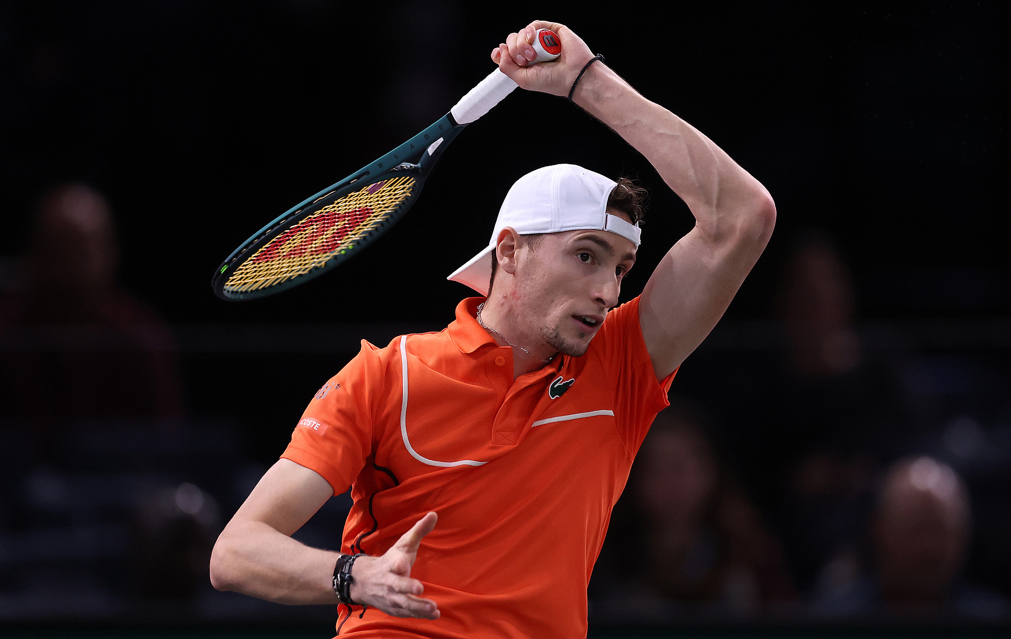 Ugo Humbert of France hits a shot in the men's singles match against Brandon Nakashima of the U.S. at the Paris Masters in Paris, France, October 28, 2024. /CFP