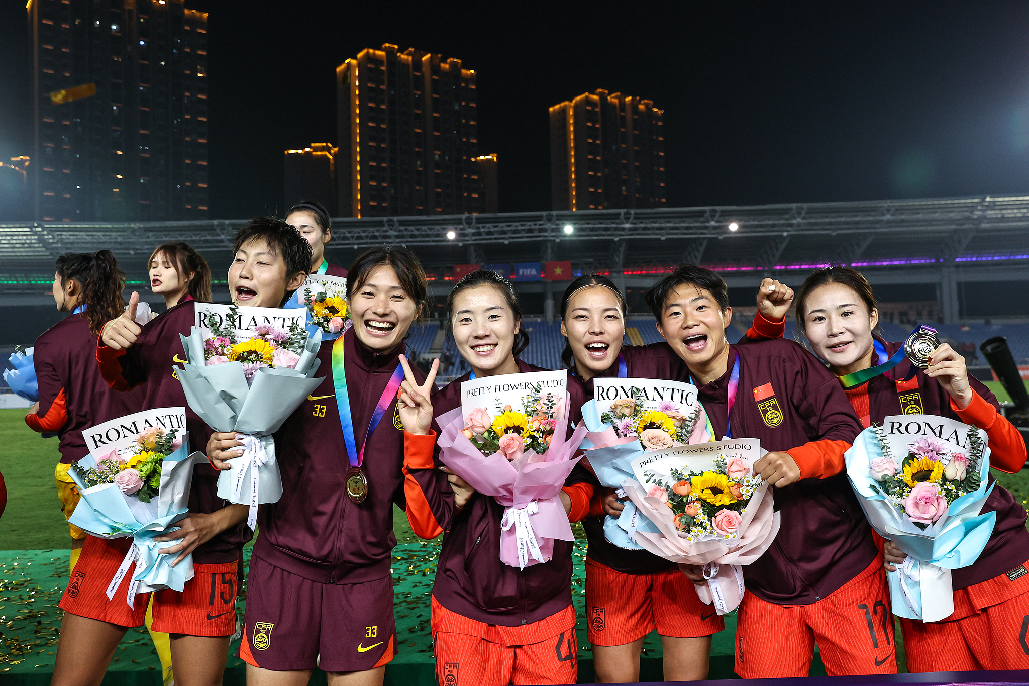 Players of China celebrate after winning the women's football Yongchuan International Tournament in southwest China's Chongqing Municipality, October 29, 2024. /CFP