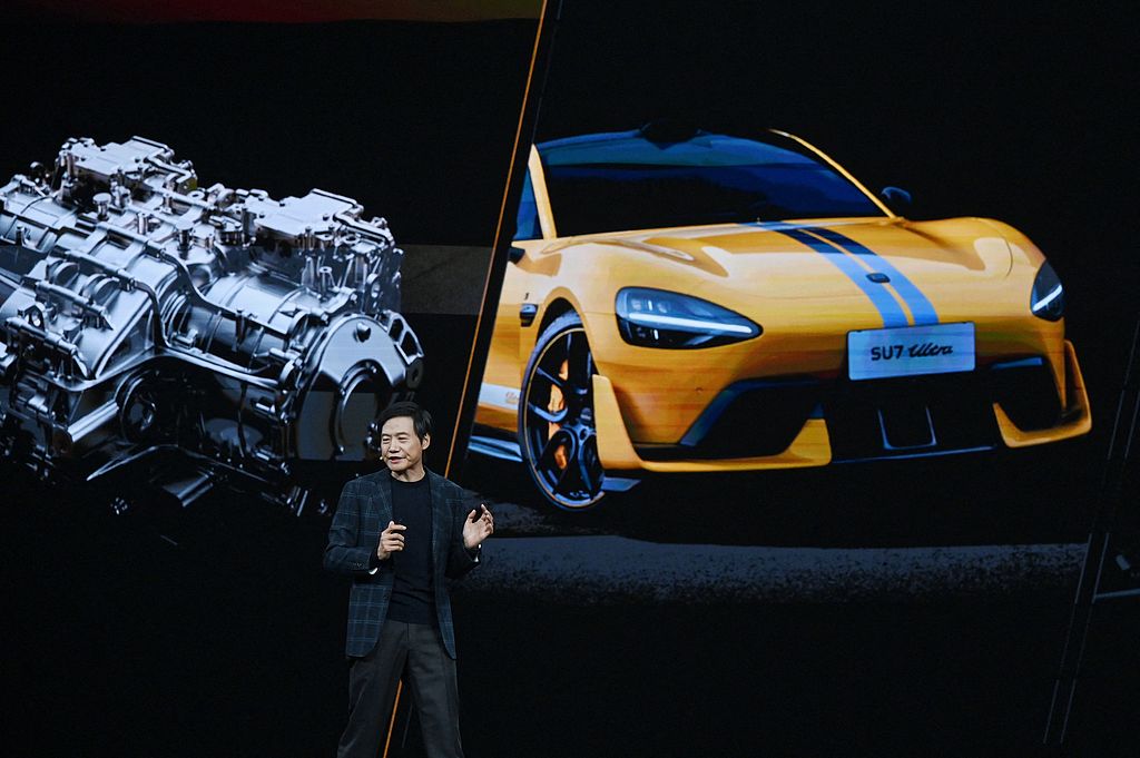 Lei Jun, founder and CEO of Xiaomi, speaks on stage during the launch of his company's latest EV model, the SU7 Ultra, in Beijing on October 29, 2024. /CFP