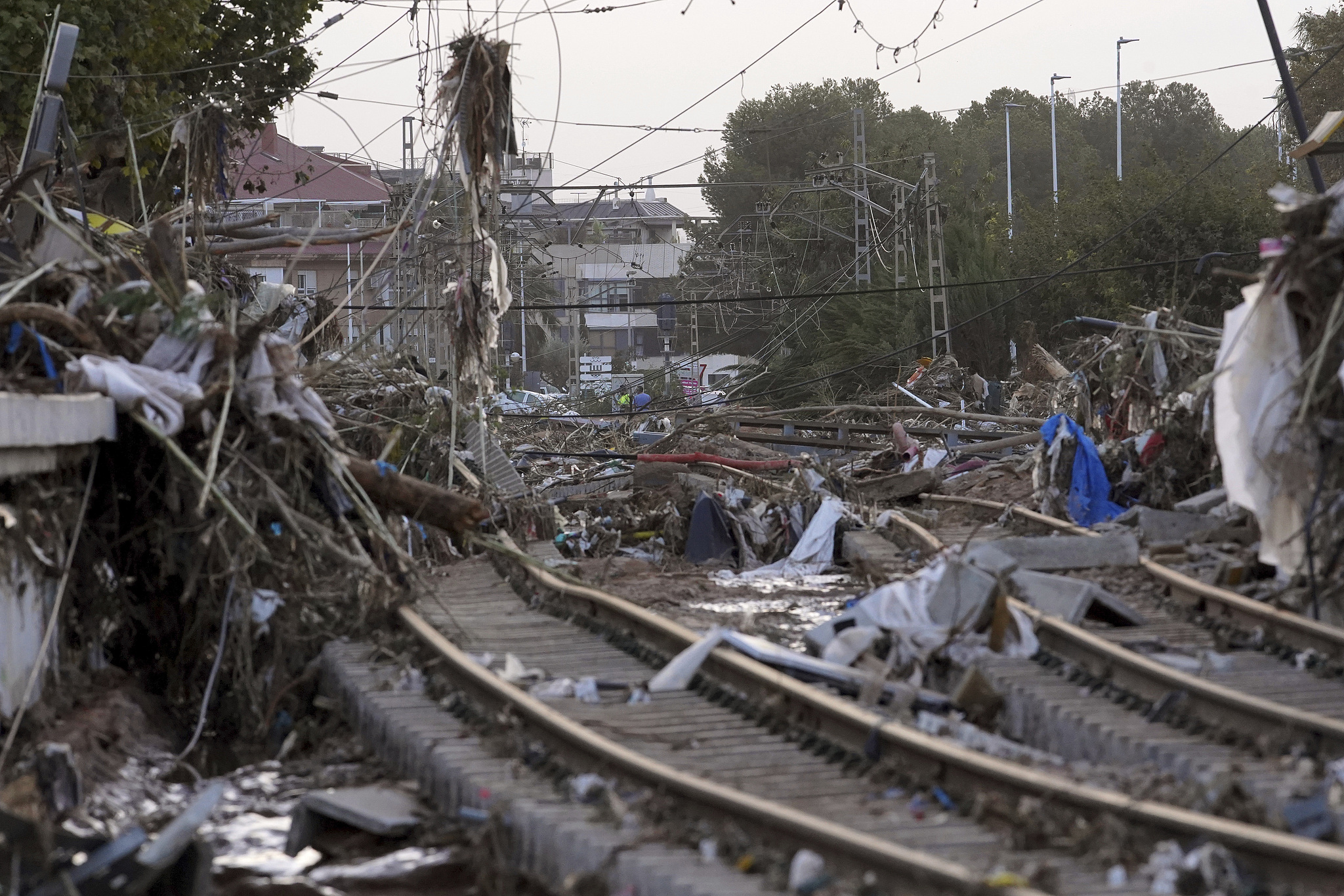 Train tracks are seen affected by floods in Paiporta, near Valencia, Spain, Wednesday, October 30, 2024. /CFP