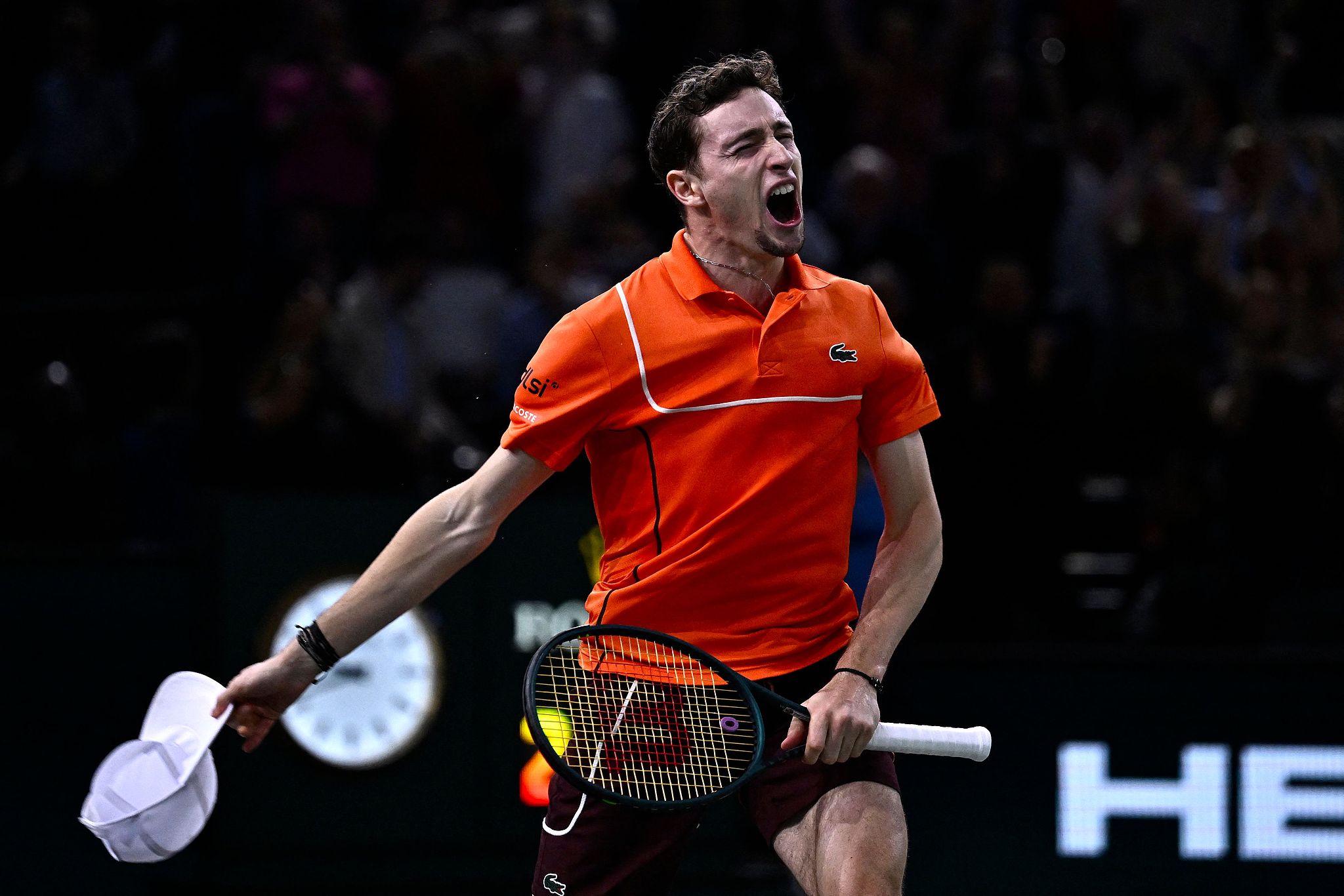 Ugo Humbert of France celebrates after defeating Carlos Alcaraz in the men's singles match at the Paris Masters in Paris, France, October 31, 2024. /CFP