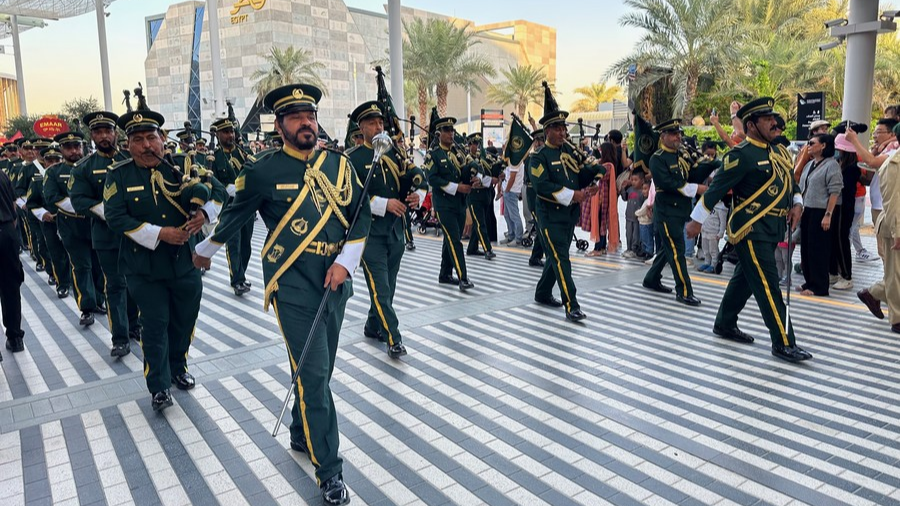 A band formation of the local police is seen during a parade celebrating the upcoming Chinese New Year at Expo City Dubai in the United Arab Emirates, January 14, 2023. /Xinhua