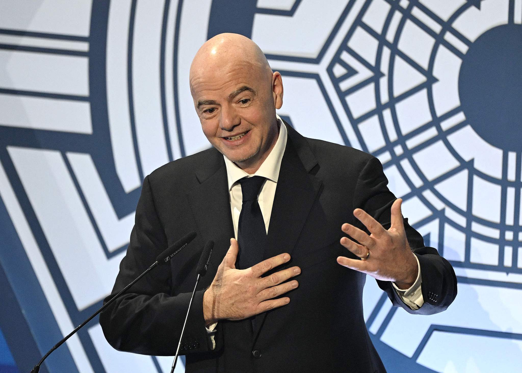 Gianni Infantino, President of the Federation of International Football Associations (FIFA), speaks at the Asian Football Confederation (AFC) Annual Awards 2023 ceremony in Seoul, South Korea, October 29, 2024. /CFP