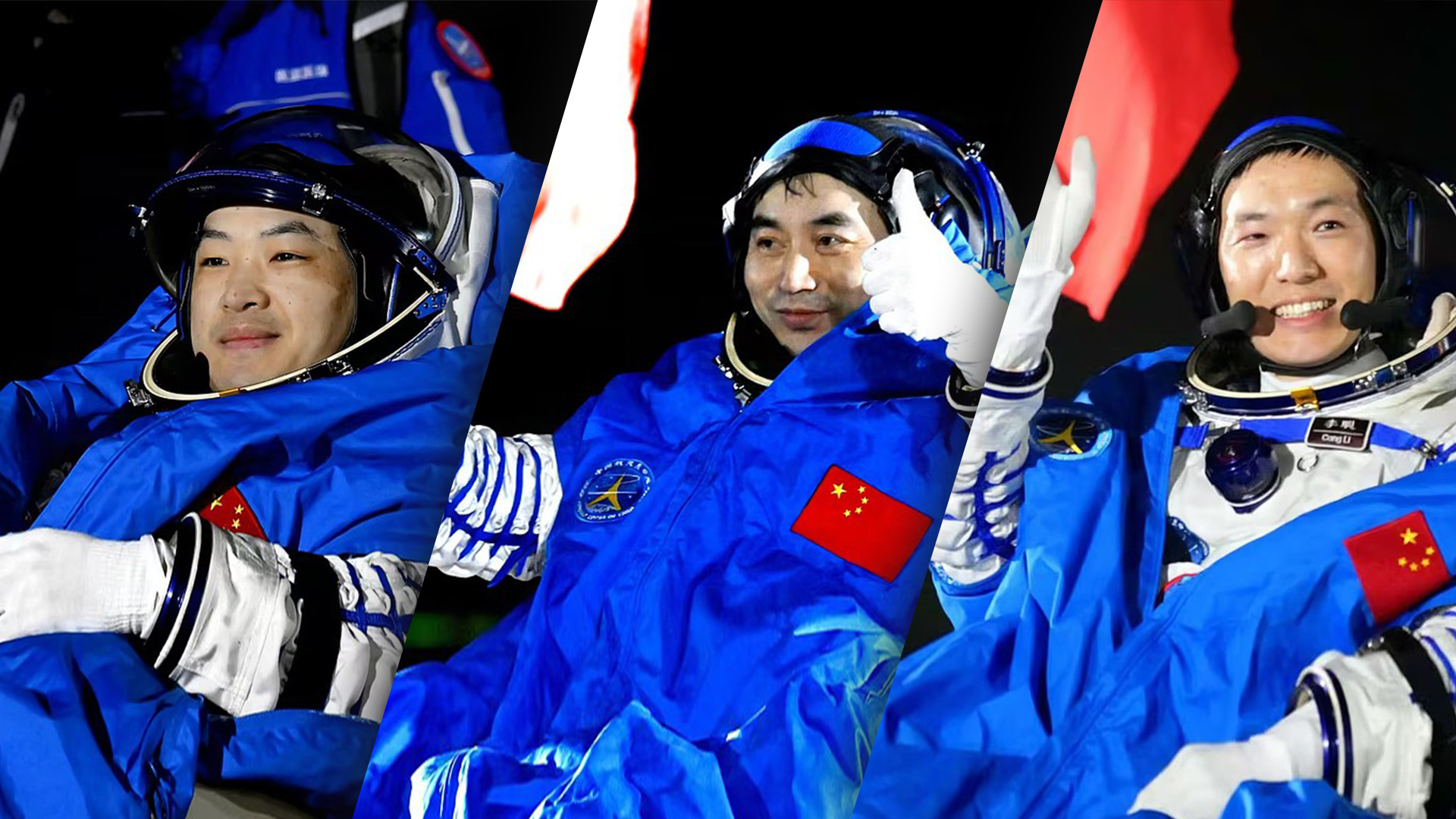 L-R: Shenzhou-18 astronauts Li Guangsu, Ye Guangfu and Li Cong after landing at the Dongfeng Landing Site in north China's Inner Mongolia Autonomous Region, November 4, 2024. /CFP