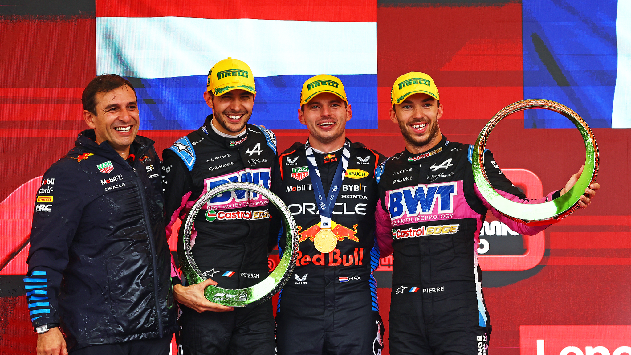 Race winner Max Verstappen of the Netherlands (C) celebrates with Esteban Ocon and Pierre Gasly of Alpine after F1 Brazilian Grand Prix in Sao Paulo, Brazil, November 3, 2024. /CFP