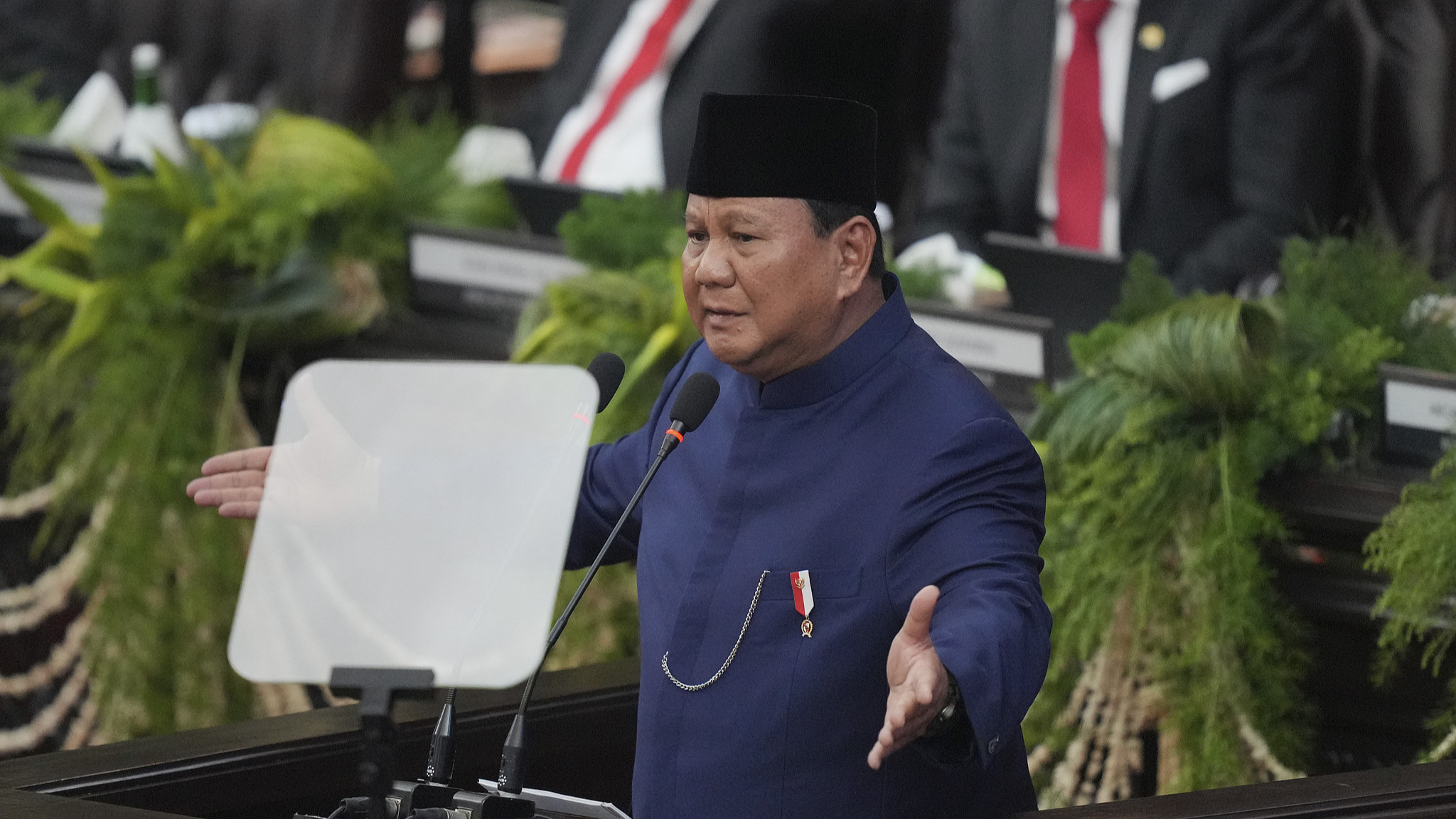 Indonesian President Prabowo Subianto delivers a speech during the presidential inauguration ceremony in Jakarta, Indonesia, October 20, 2024. /CFP