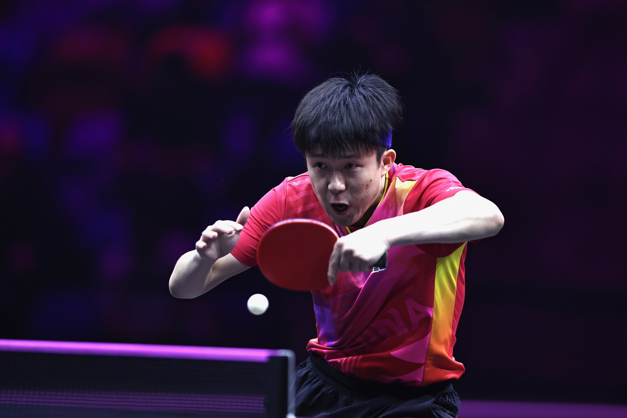 Wang Chuqin of China hits a shot against Shunsuke Togami of Japan in a men's singles first round match at the World Table Tennis (WTT) Champions Frankfurt in Frankfurt, Germany, November 4, 2024. /CFP