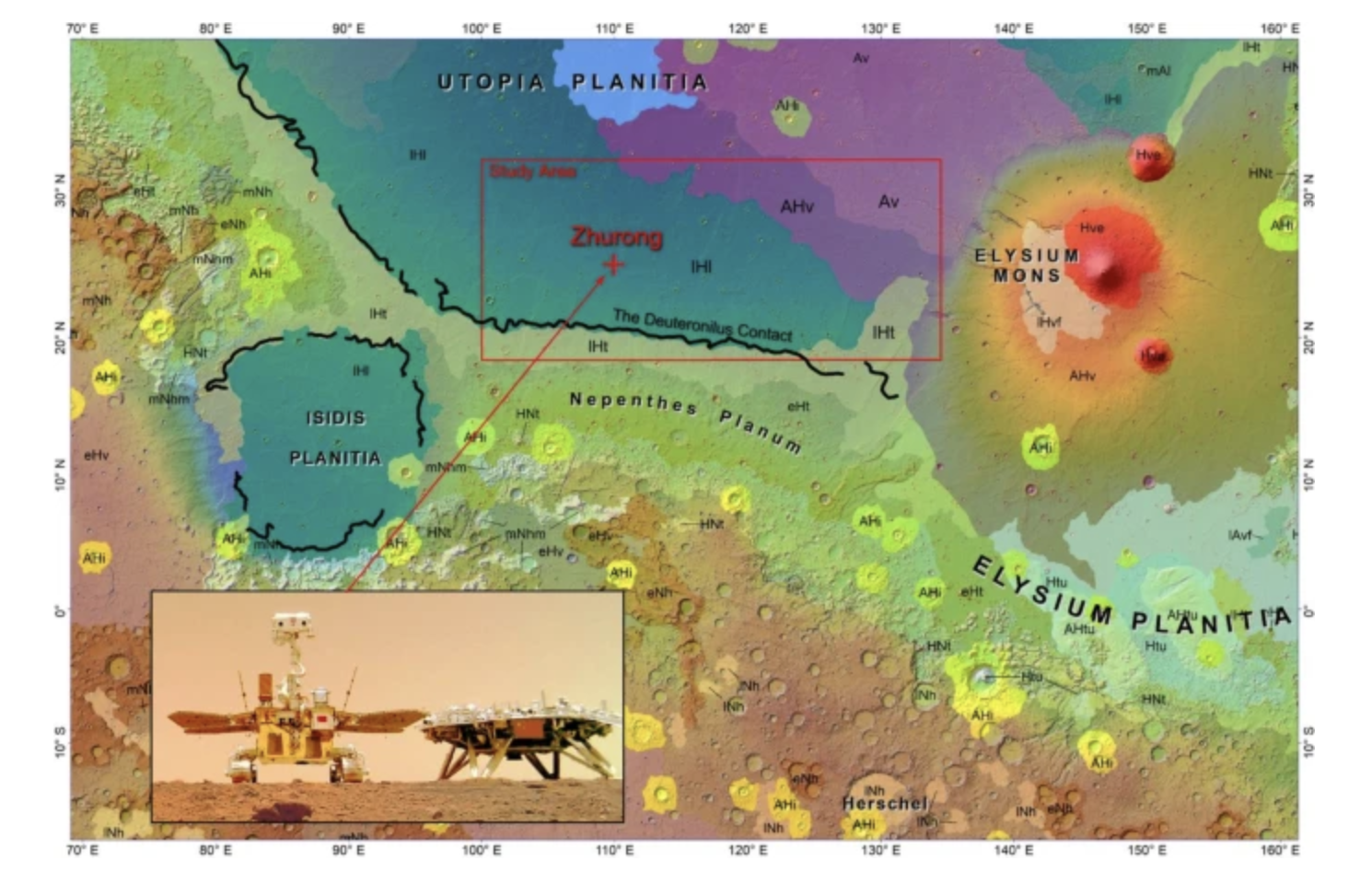 Screenshot of the research article showing Zhurong's landing site (marked by a red cross) on Mars' geologic map, November 8, 2024. /CGTN