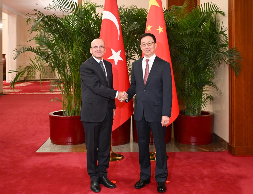 Chinese Vice President Han Zheng meets with Mehmet Simsek, Turkish minister of treasury and finance, and Turkish chairman of the China-Türkiye Intergovernmental Cooperation Committee mechanism, in Beijing, capital of China, November, 8, 2024. /Xinhua