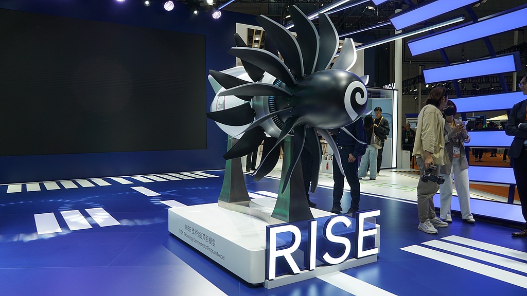 A GE Aerospace booth at the 2024 CIIE showcases a RISE technology demonstration program model, November 8, 2024. /CFP