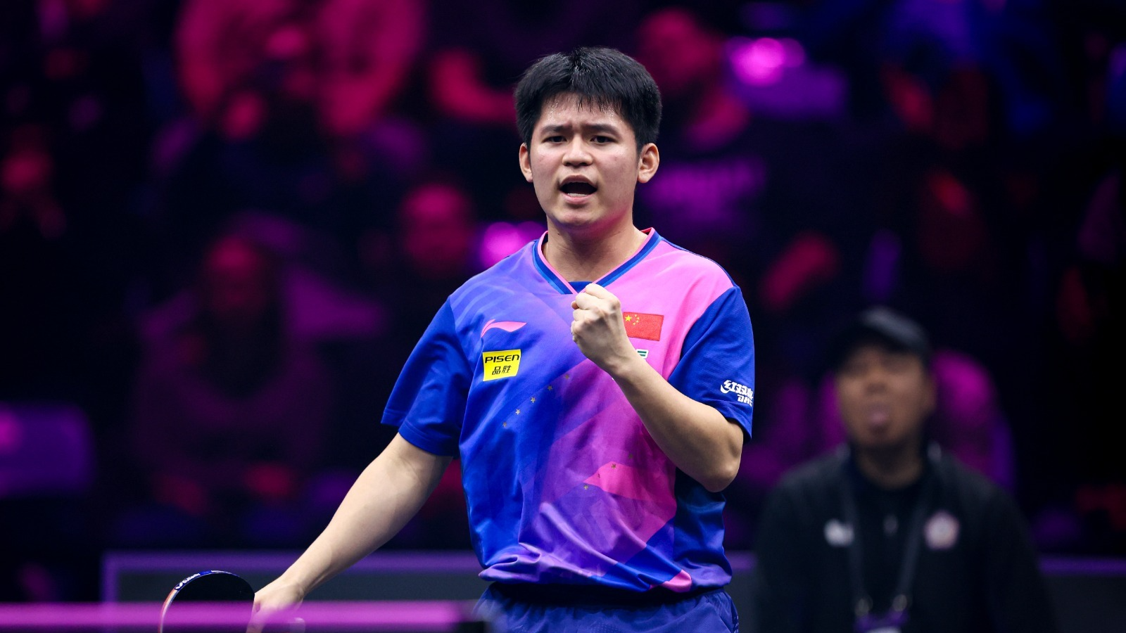 Lin Shidong of China reacts after scoring a point in the men's singles semifinals against Lin Yun-ju of Chinese Taipei at the World Table Tennis (WTT) Champions Frankfurt in Frankfurt, Germany, November 9, 2024. /WTT