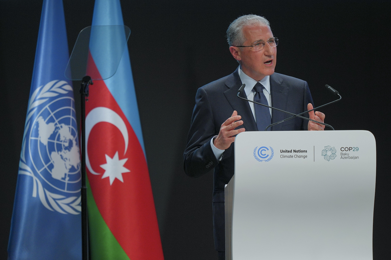 Mukhtar Babayev, COP29 president-designate, speaks during the opening plenary session at the COP29 in Baku, Azerbaijan, November 11, 2024. /CFP