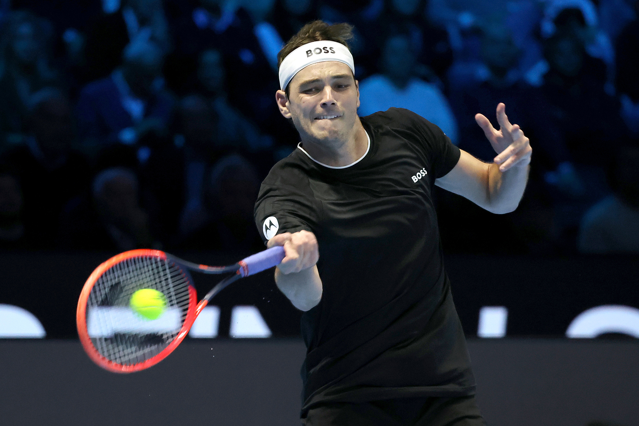 Taylor Fritz of the U.S. hits a shot in the men's singles match against Daniil Medvedev of Russia at the Association of Tennis Professionals (ATP) Finals in Turin, Italy, November 10, 2024. /CFP