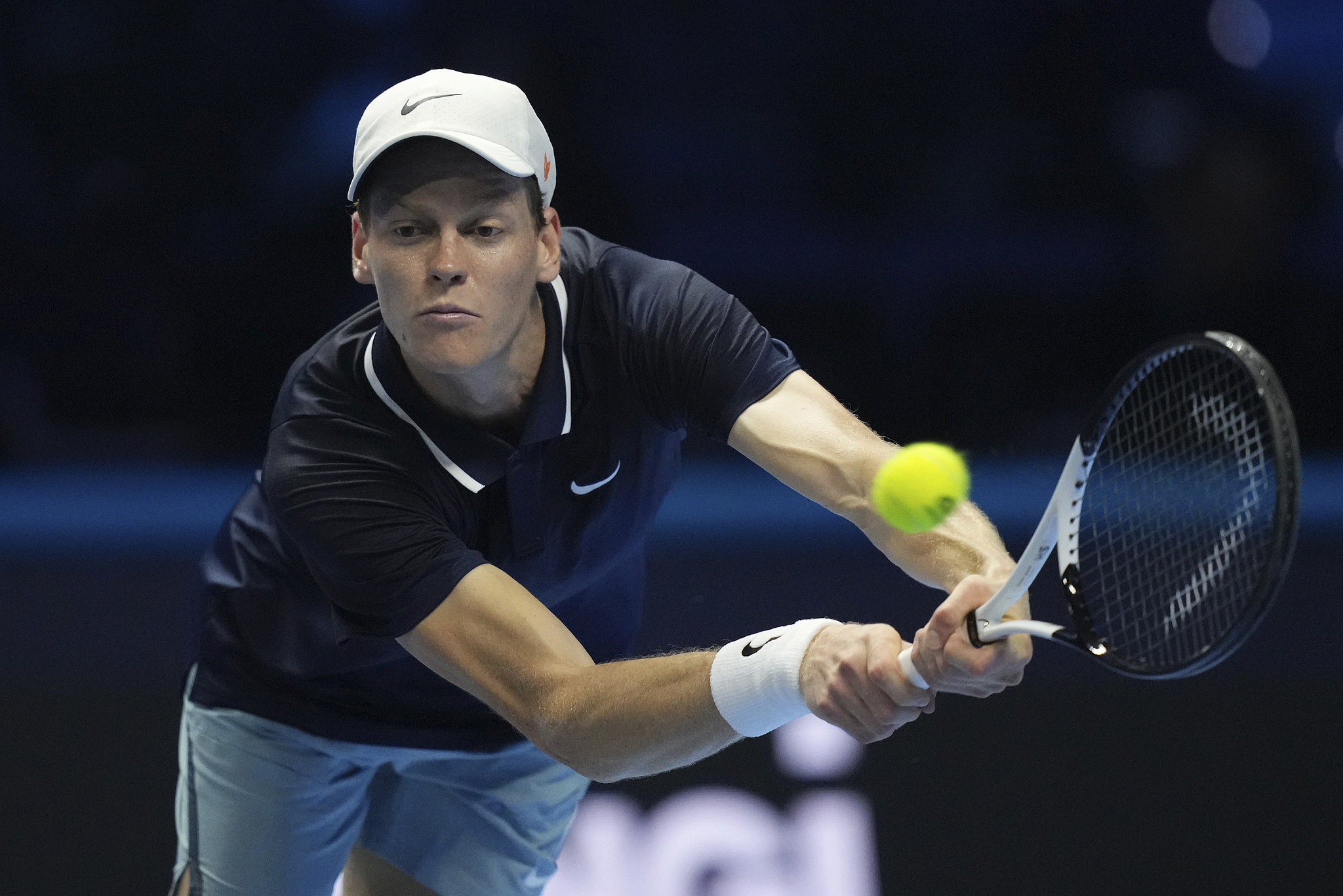 Jannik Sinner of Italy hits a shot in the men's singles match against Alex de Minaur of Australia at the Association of Tennis Professionals (ATP) Finals in Turin, Italy, November 10, 2024. /CFP