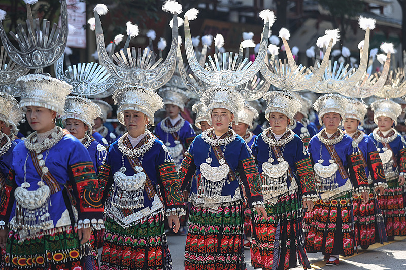 People of the Miao ethnic group take part in a parade to celebrate the Miao New Year in Rongjiang county, Guizhou province, November 6, 2024. /CFP