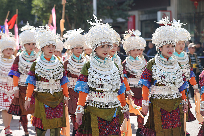 People of the Miao ethnic group take part in a parade to celebrate the Miao New Year in Rongjiang county, Guizhou province, November 6, 2024. /CFP