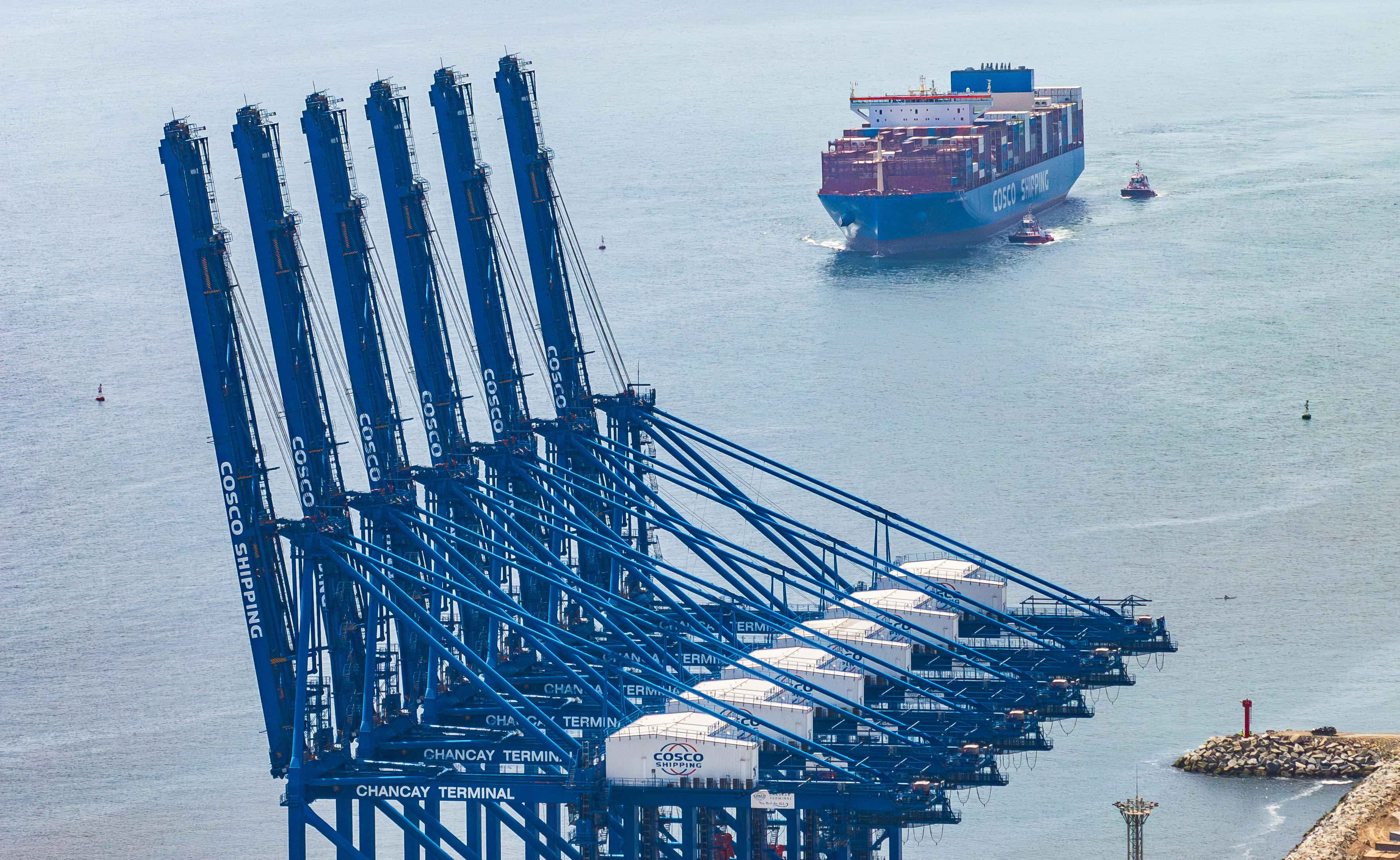 Aerial view of Chancay Port in Peru. /China COSCO Shipping