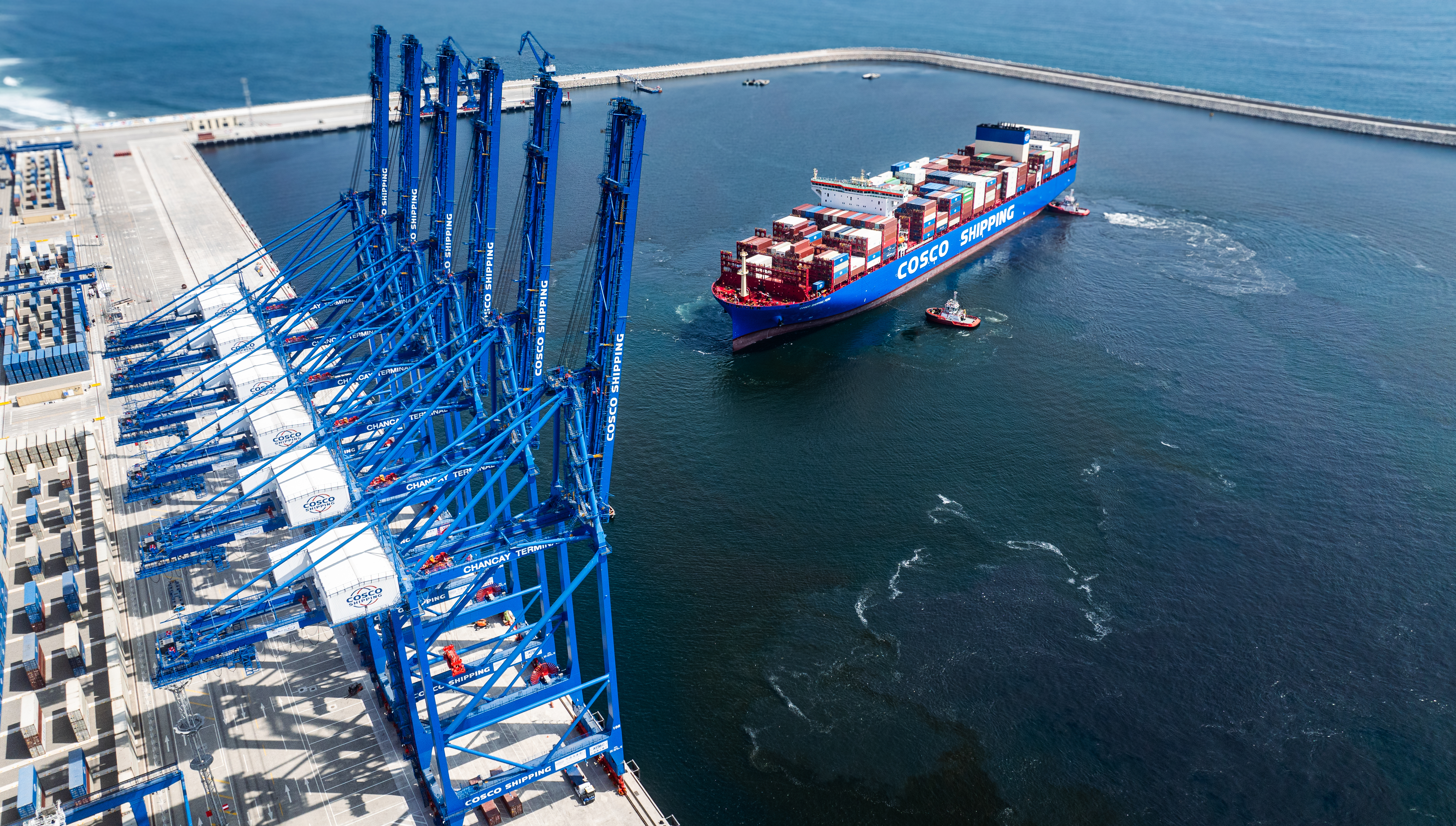 Aerial view of Chancay Port in Peru. /China COSCO Shipping