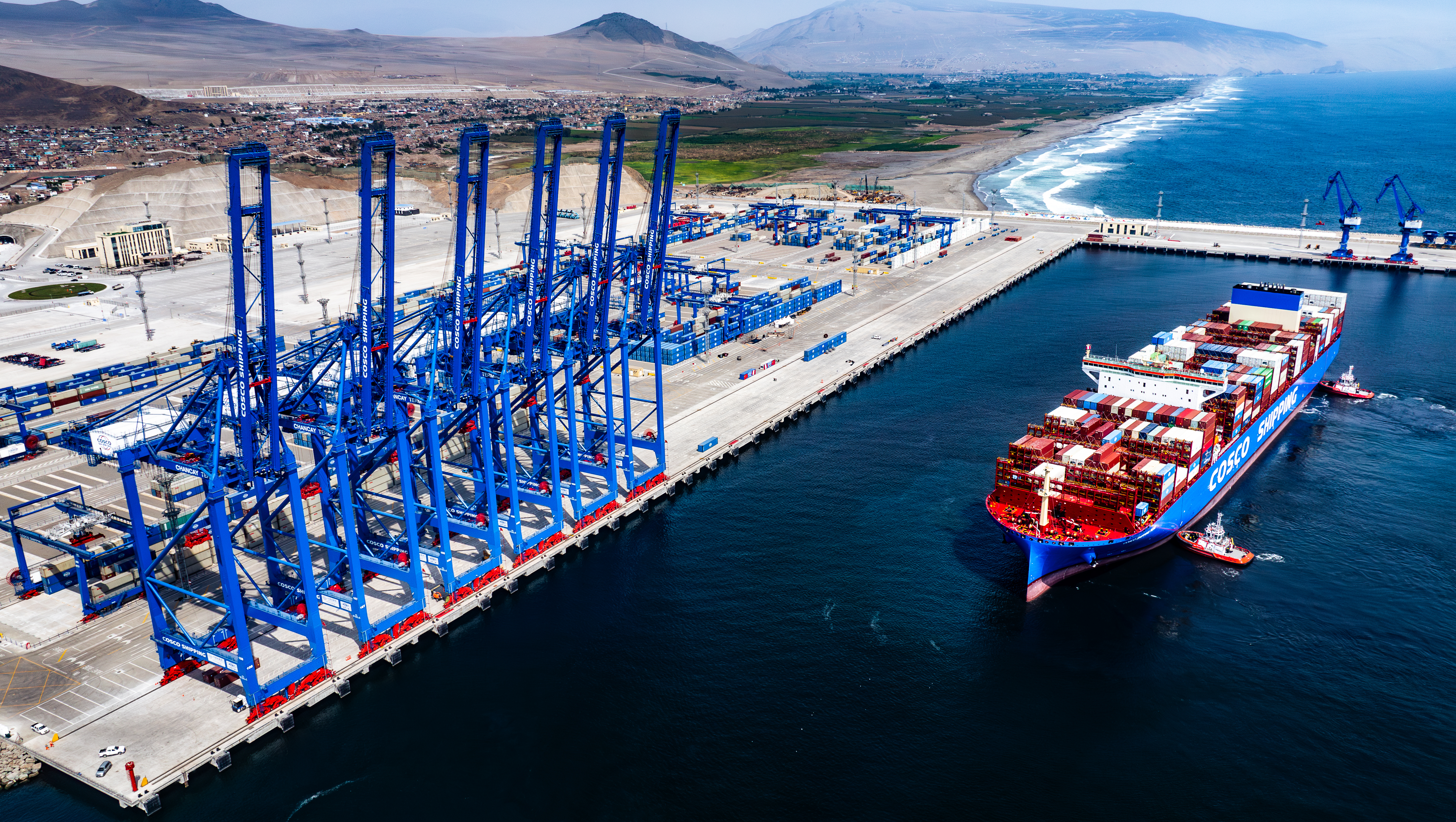 Aerial view of Chancay Port in Peru. /China COSCO Shipping