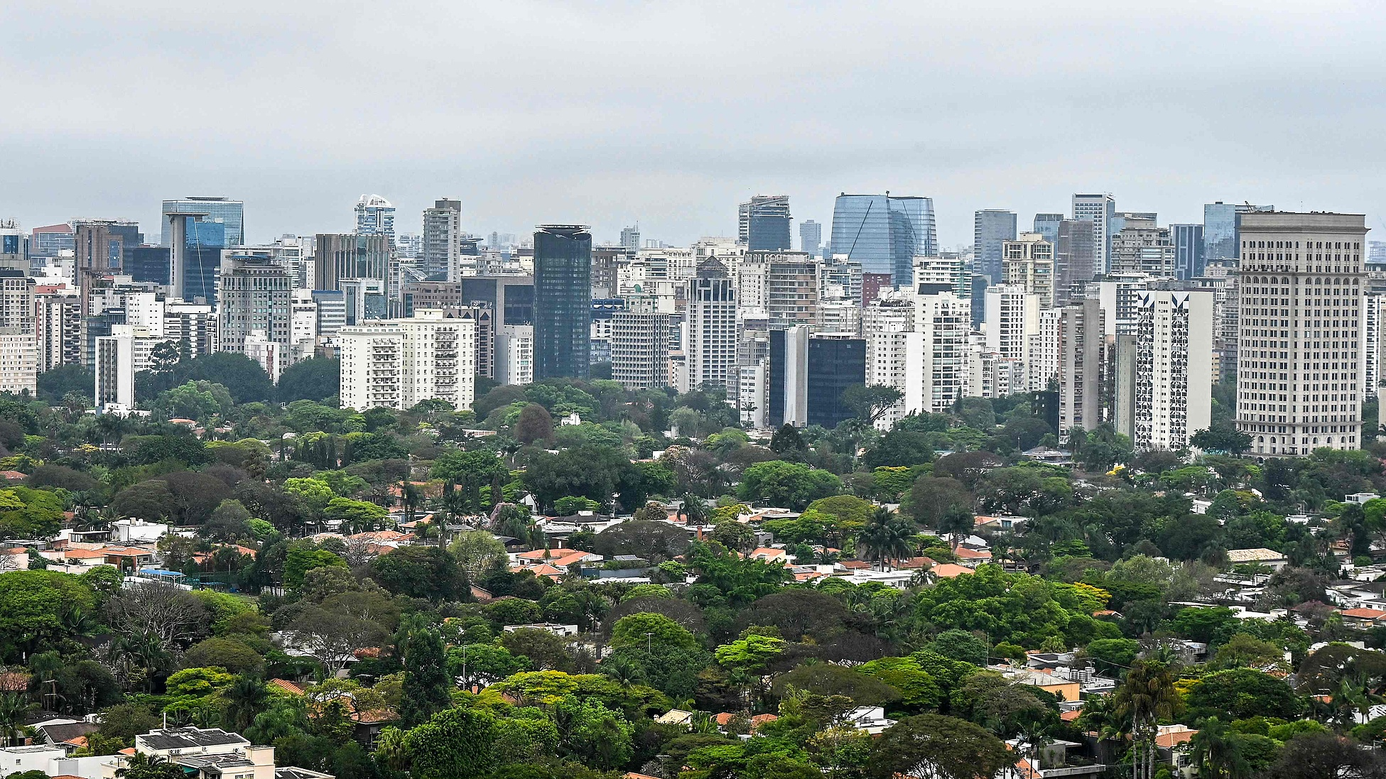 Lush green trees surround houses in Sao Paulo's Pinheiros neighborhood, Brazil, September 5, 2023. /CFP