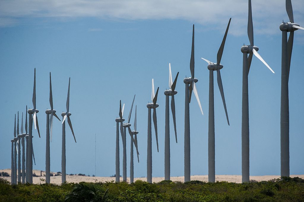 A file photo shows wind turbines along the coast near Aracati, in the Brazilian state of Ceara. /CFP