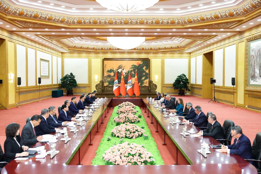 Chinese President Xi Jinping holds talks with Peruvian President Dina Ercilia Boluarte Zegarra, who is on a state visit to China, at the Great Hall of the People in Beijing, capital of China, June 28, 2024. /Xinhua