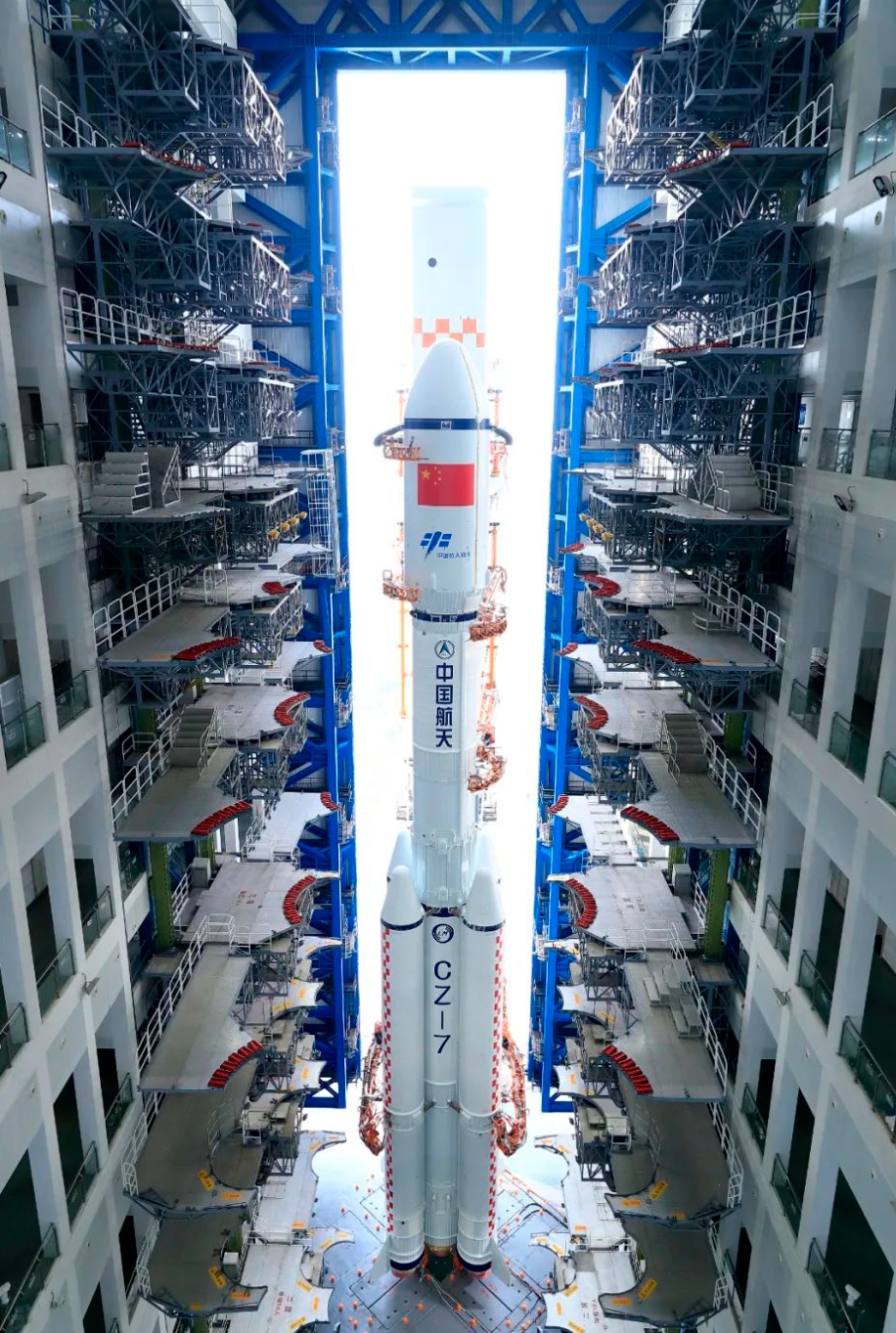 The Tianzhou-8 cargo spacecraft and a Long March-7 Y9 carrier rocket are vertically transferred for the Tianzhou-8 mission, south China's Hainan Province, November 13, 2024. /China Manned Space