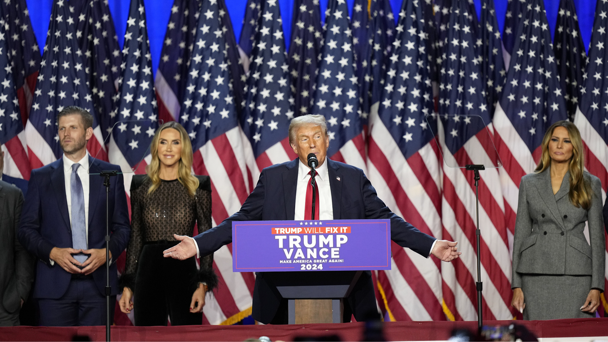 Republican Donald J. Trump addresses supporters in the run-up to elections at Mar-a-Lago in West Palm Beach, Florida, United States, November 6, 2024. /CFP