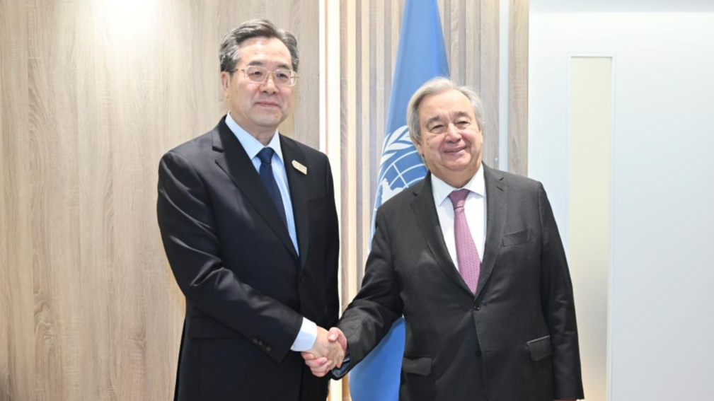 Chinese President Xi Jinping's Special Representative Ding Xuexiang, also a member of the Standing Committee of the Political Bureau of the Communist Party of China Central Committee and Chinese vice premier, meets with United Nations Secretary-General Antonio Guterres on the sidelines of the World Leaders Climate Action Summit during the 29th session of the Conference of the Parties to the United Nations Framework Convention on Climate Change in Baku, Azerbaijan, November 13, 2024. /Xinhua