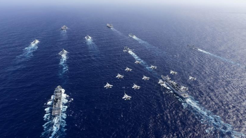 The formations of Chinese aircraft carriers Liaoning and Shandong carry out a dual aircraft carrier formation exercise for the first time in the South China Sea in late October 2024. /Xinhua