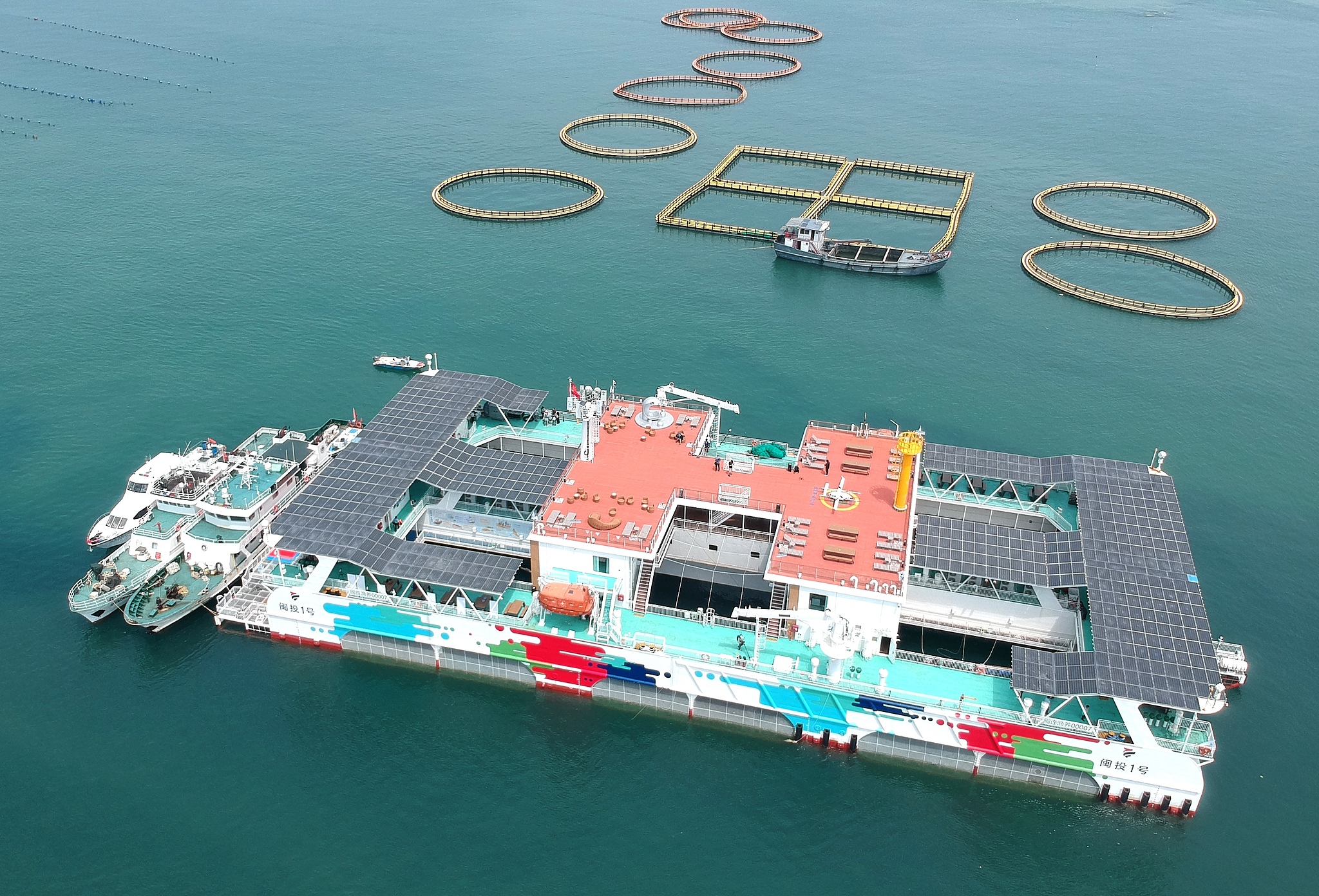 The Mintou No. 1, Fujian's first deep-sea aquaculture and fishing tourism platform, at Dinghai Bay in Lianjiang County, southeast China's Fujian Province, August 9, 2024. /CFP