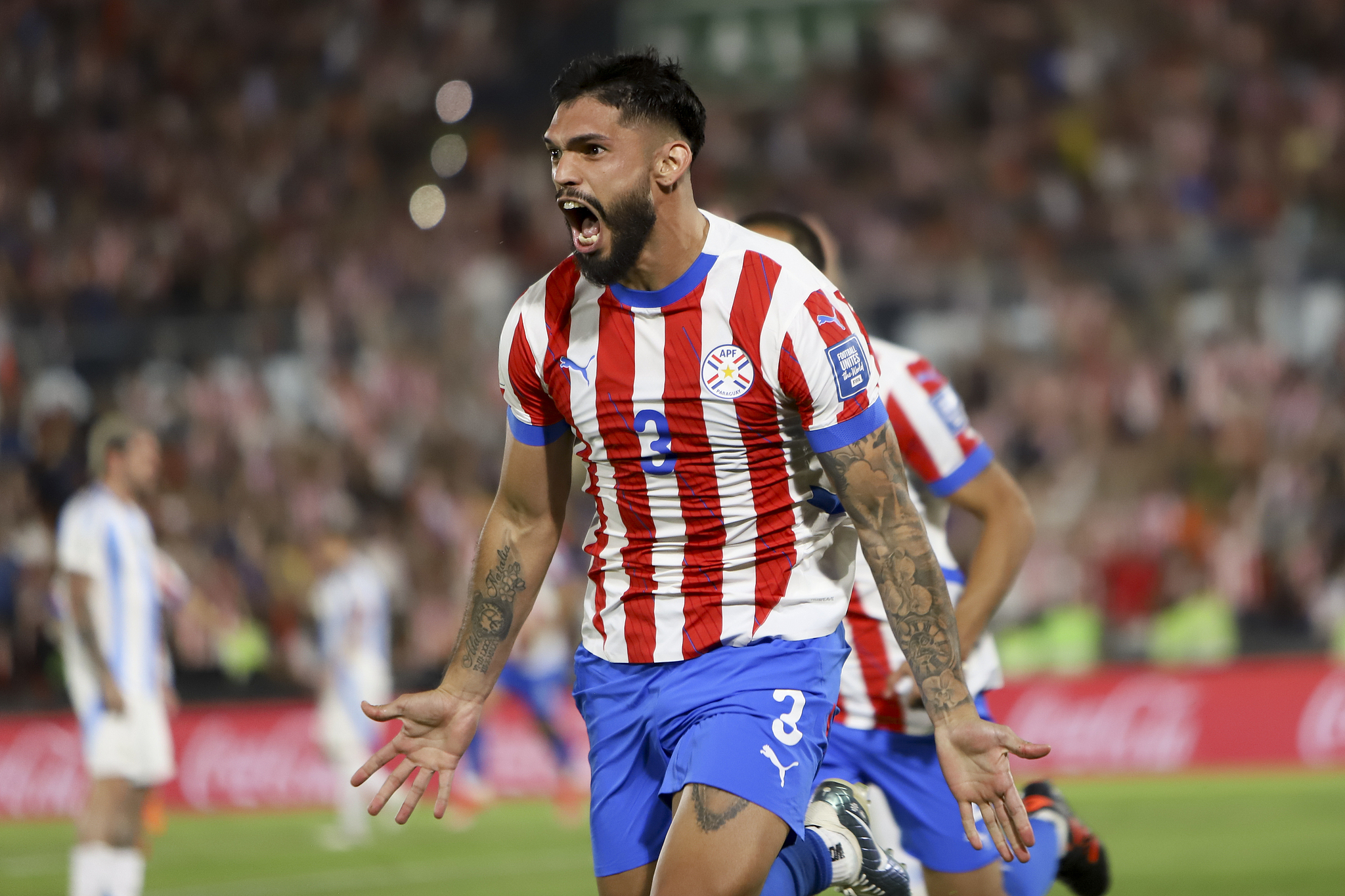 Omar Alderete (#3) of Paraguay celebrates after scoring a goal in the 2026 FIFA World Cup South American Football Confederation (CONMEBOL) qualifying tournament game against Argentina at the Ueno Defensores del Chaco Stadium in Asuncion, Paraguay, November 14, 2024. /CFP