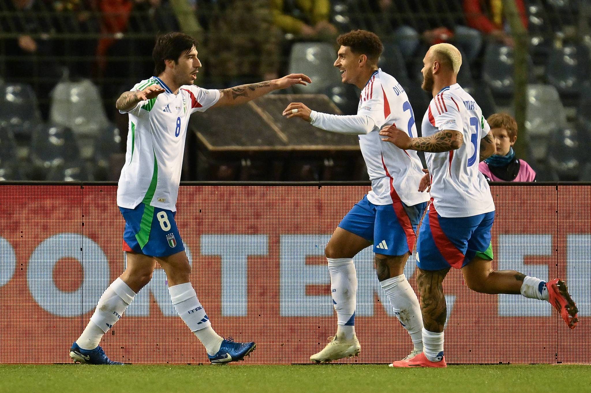 Italian players celebrate after scoring a goal against Belgium in a UEFA Nations League Group A2 match at the King Baudouin Stadium in Brussels, Belgium, November 14, 2024. /CFP