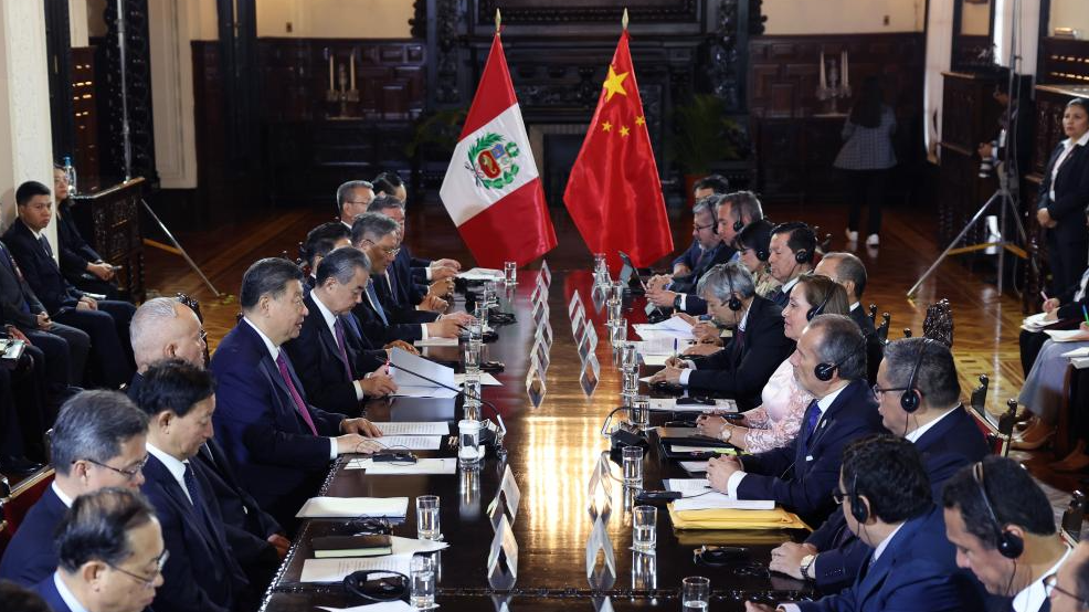 Chinese President Xi Jinping holds talks with Peruvian President Dina Boluarte in Lima, Peru, November 14, 2024. /Xinhua