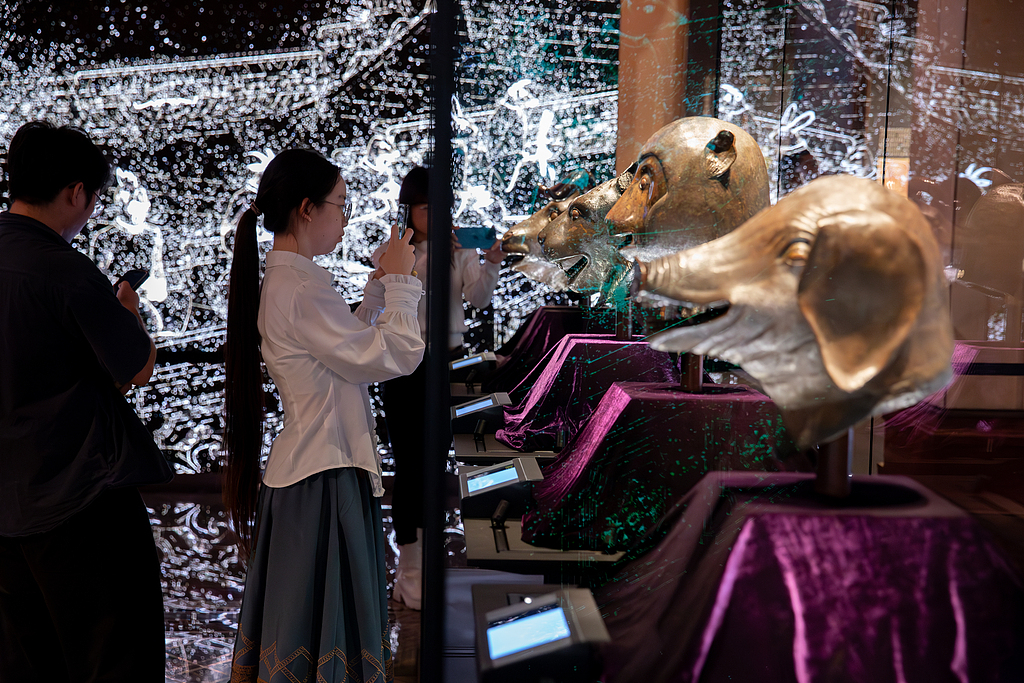 This photo taken on November 11, 2024 shows the four bronze Chinese zodiac animal heads from Beijing's Old Summer Palace on display at the Poly MGM Museum in Macao. /CFP