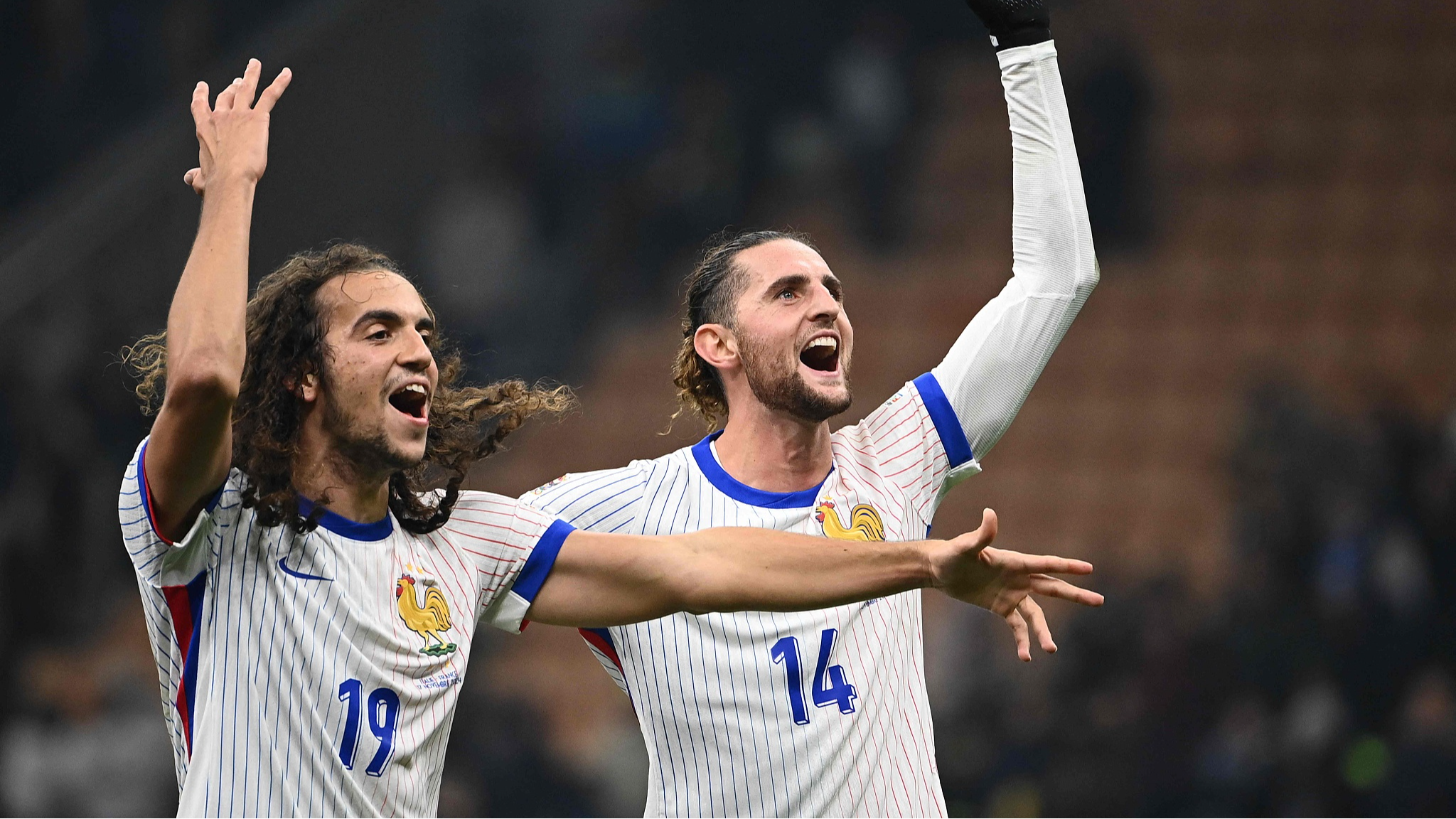 French players celebrate during their Nations League Group A2 match against Italy in Milan, Italy, November 17, 2024. /CFP