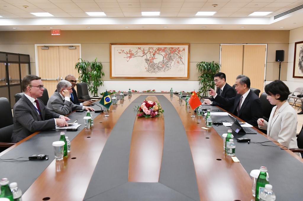 Chinese Foreign Minister Wang Yi, also a member of the Political Bureau of the Communist Party of China Central Committee, meets with Celso Amorim, special advisor to the President of Brazil, on the sidelines of the 79th Session of the UN General Assembly in New York, September 26, 2024. /Xinhua