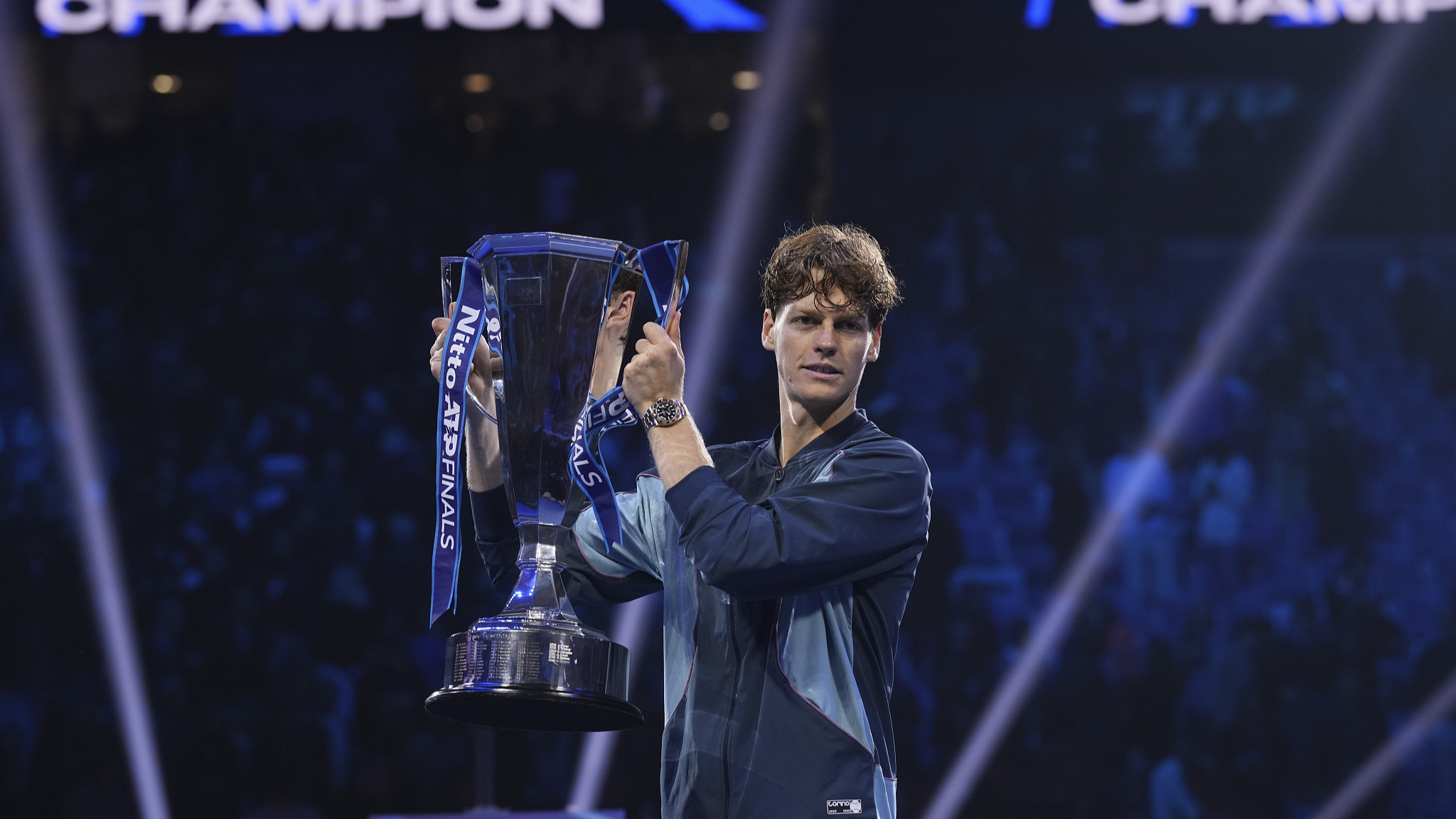 Jannik Sinner poses with trophy after winning ATP Finals in Turin, Italy, November 17, 2024. /CFP