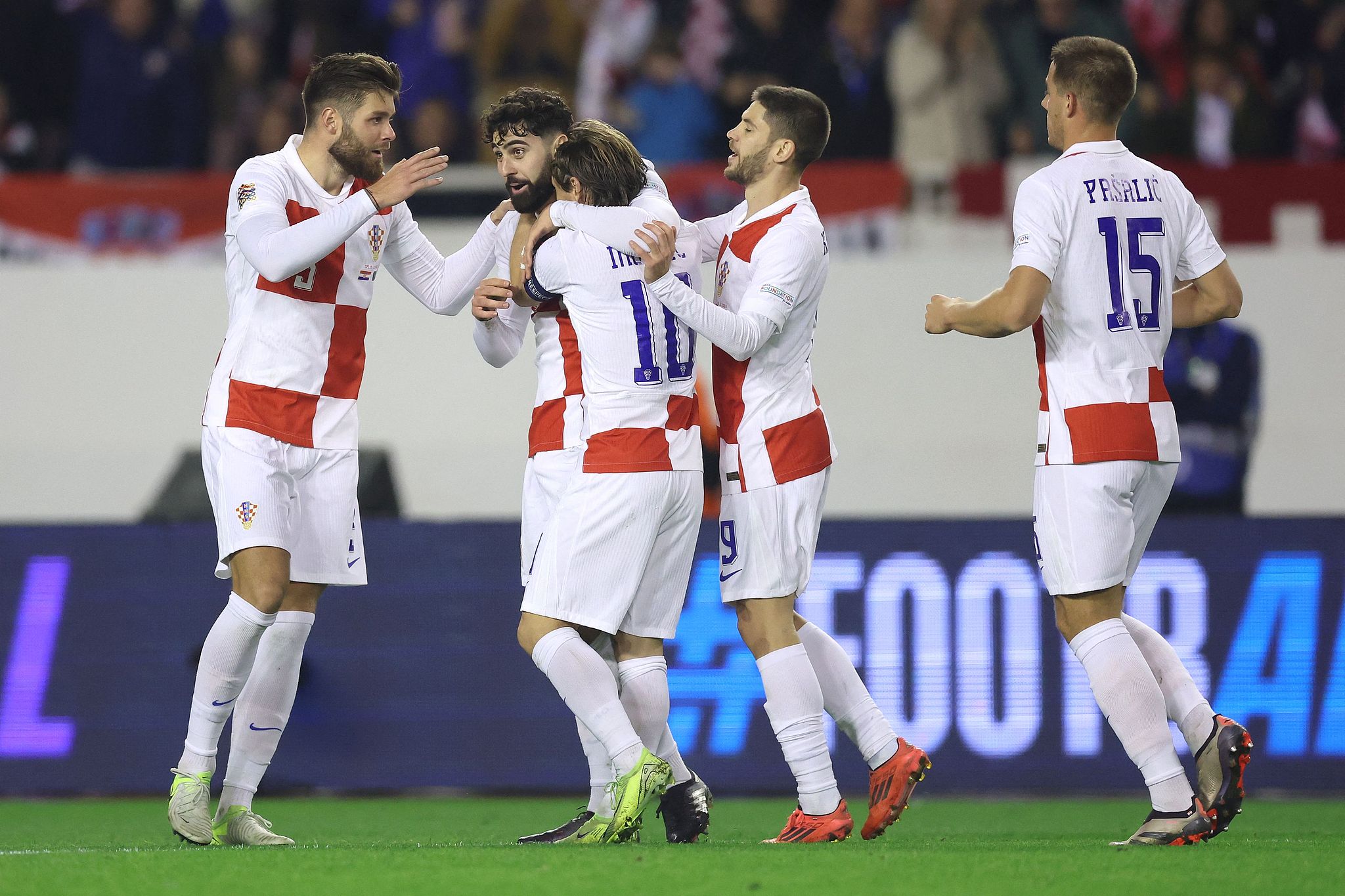 Croatia's players celebrate after scoring a goal against Portugal in a UEFA Nations League match at the Poljud Stadium in Split, Croatia, November 18, 2024. /CFP