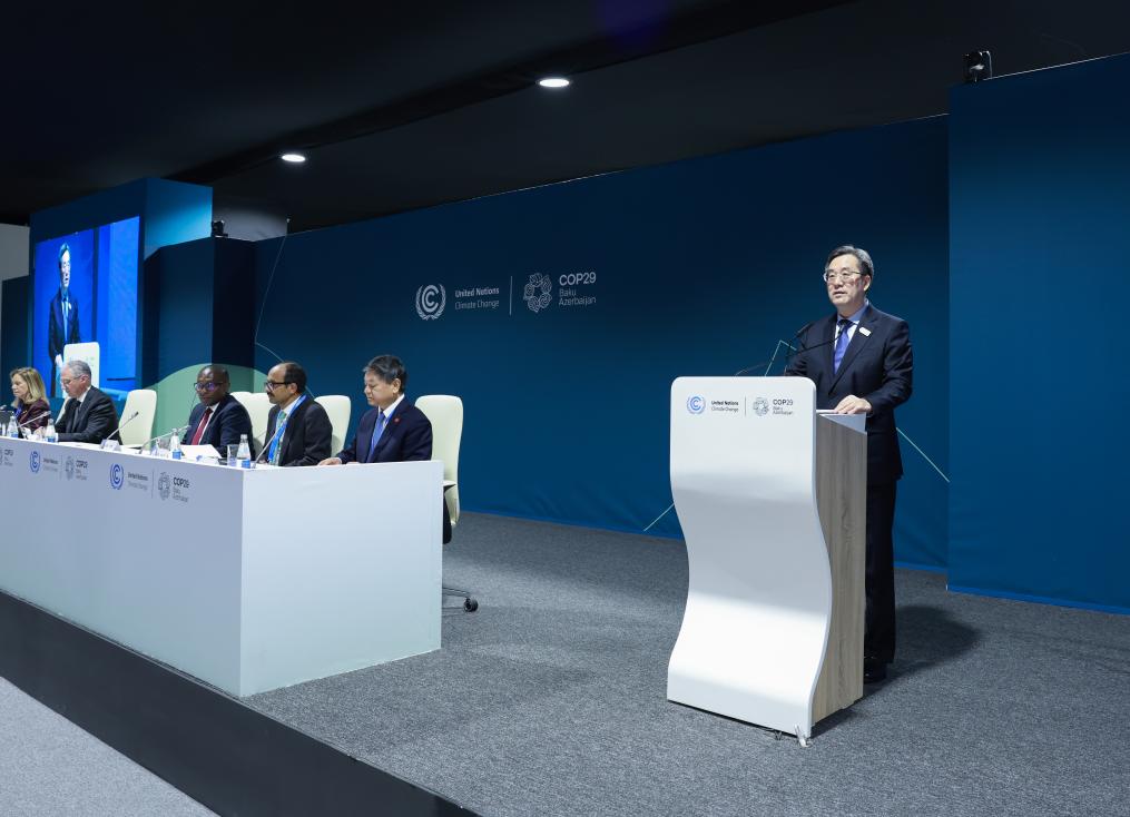 Ding Xuexiang, a member of the Standing Committee of the Political Bureau of the Communist Party of China Central Committee and China's vice premier, addresses a high-level meeting held by China on early warnings during the 29th session of the Conference of the Parties to the United Nations Framework Convention on Climate Change (COP29) in Baku, Azerbaijan, November 12, 2024. /Xinhua